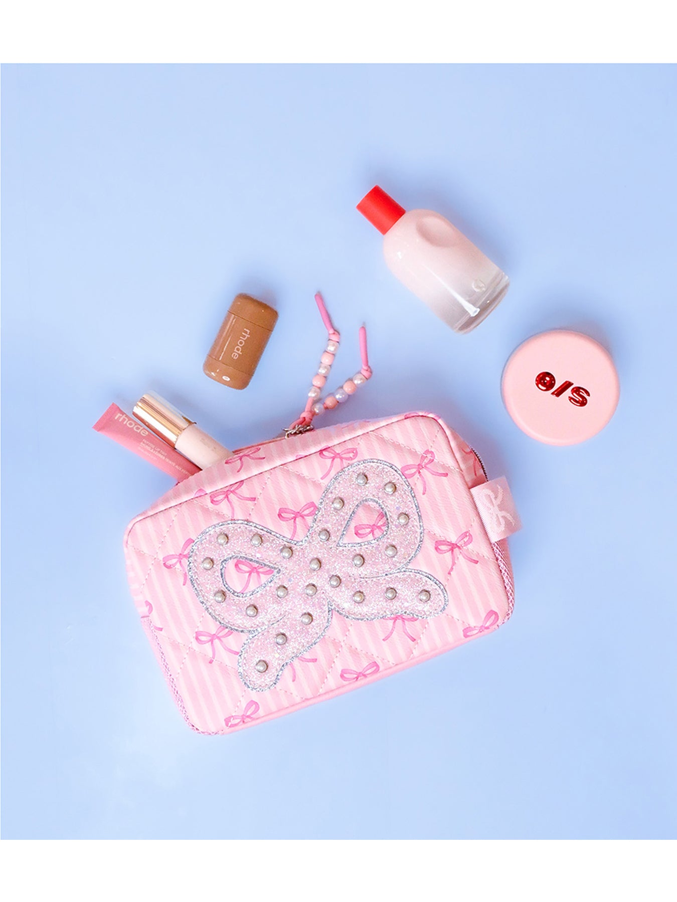 Kids' Bow Pearl Quilted Cosmetic Pouch Pink