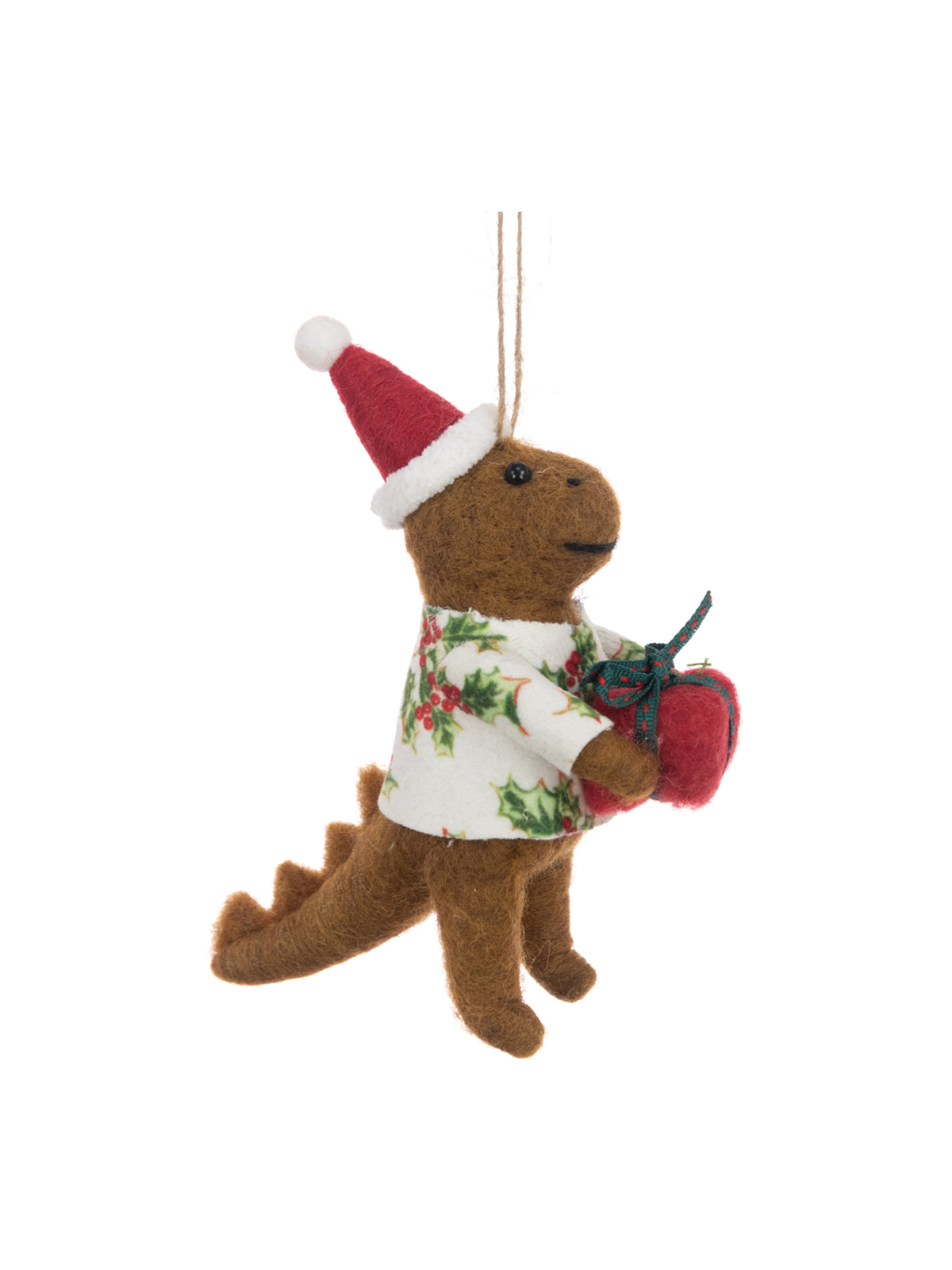 Felt Dinosaur In Holly Jacket Hanging Decoration 13cm - Brown
