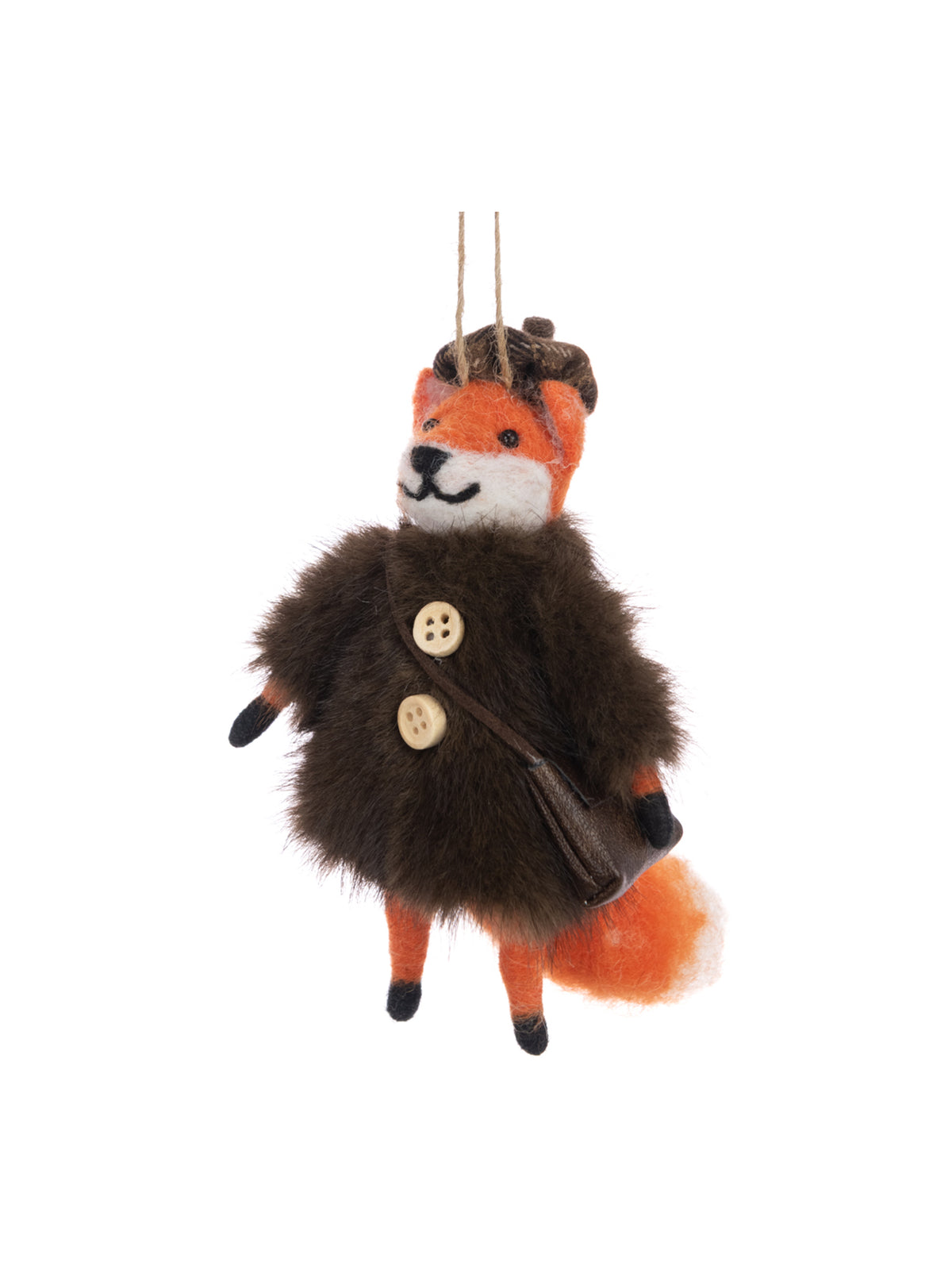 Felt Fancy Fox In Fur Coat Hanging Decoration 14cm - Brown