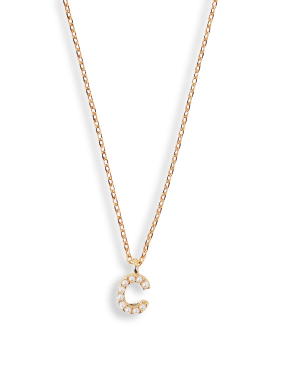 Tiny Pearl Initial C Charm Necklace in 14KT Gold-Plated Brass