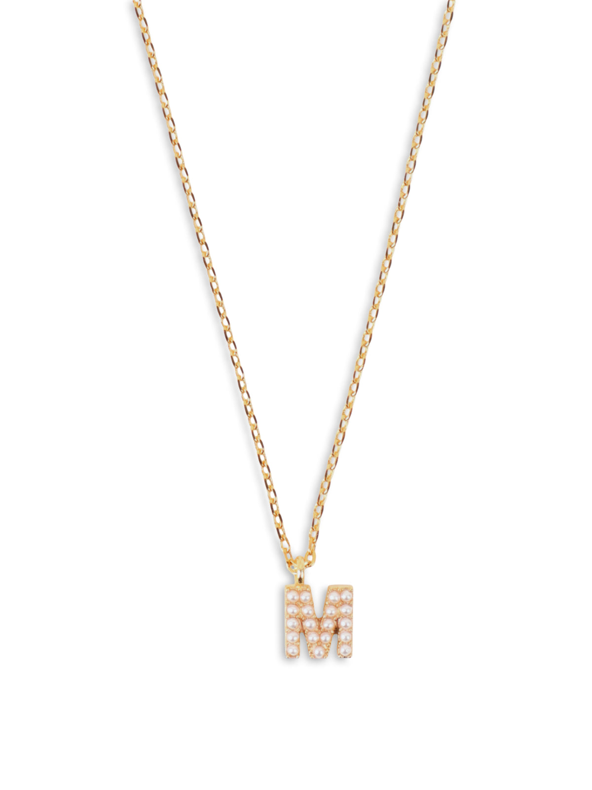 Tiny Pearl Initial M Charm Necklace in 14KT Gold-Plated Brass