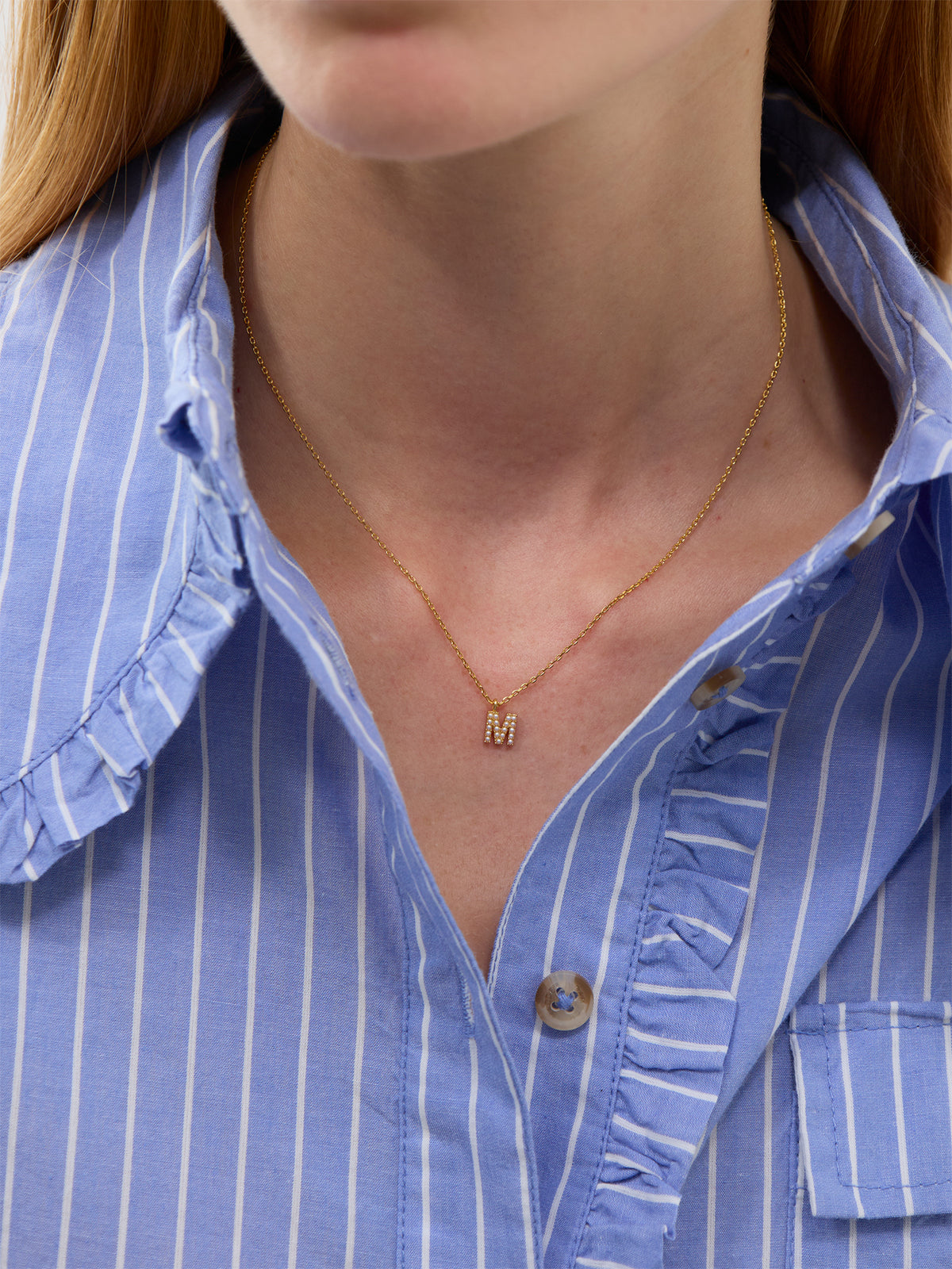 Tiny Pearl Initial M Charm Necklace in 14KT Gold-Plated Brass
