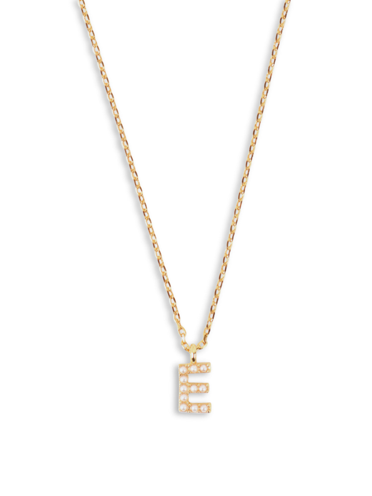 Tiny Pearl Initial E Charm Necklace in 14KT Gold-Plated Brass