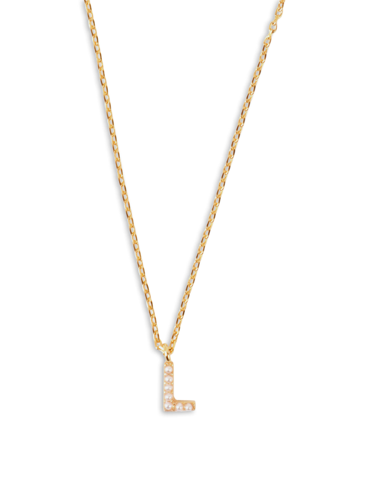 Tiny Pearl Initial L Charm Necklace in 14KT Gold-Plated Brass