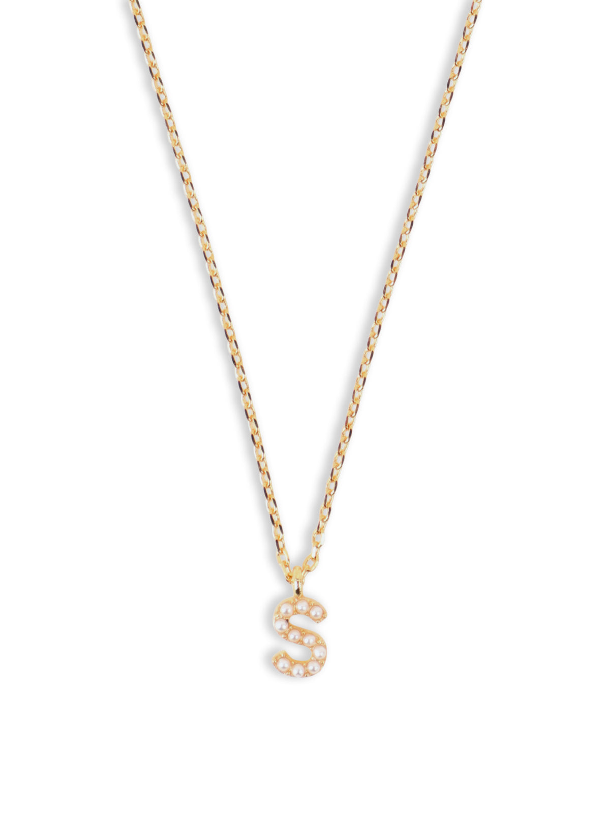 Tiny Pearl Initial S Charm Necklace in 14KT Gold-Plated Brass
