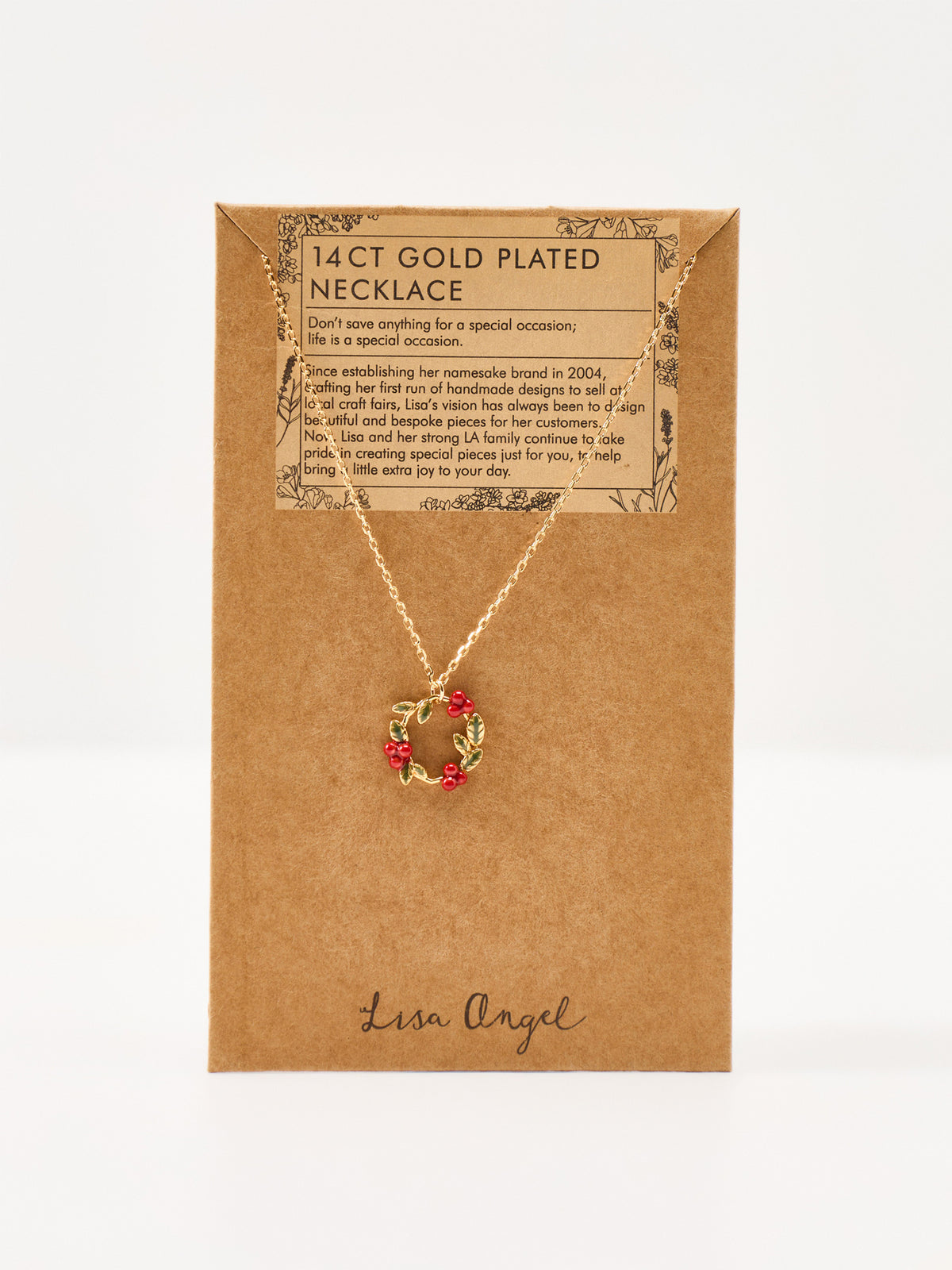 14KT Gold-Plated Enamel Holly Festive Pendant Necklace