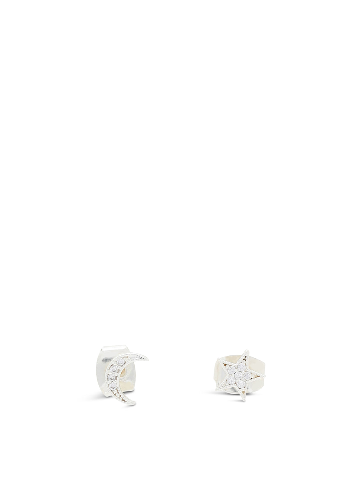 Silver-Plated Cubic Zirconia Moon & Star Stud Earrings