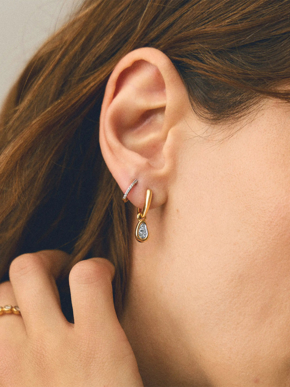 18KT Gold-Plated Molten Teardrop Pavé Charm Hoop Earrings