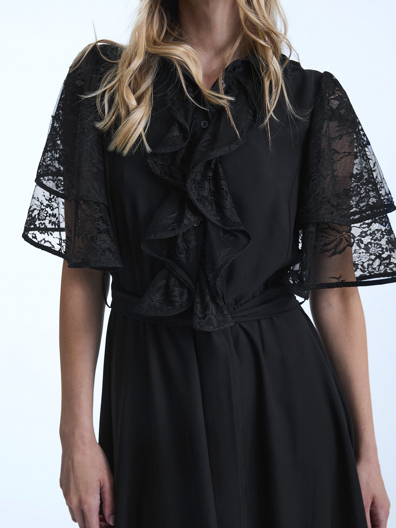 Lace Detail Front Ruffle Midi Dress