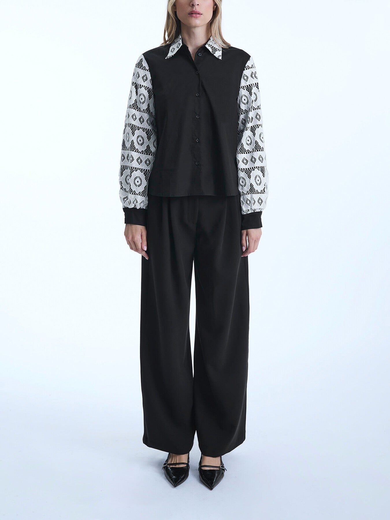 Crochet Sleeves Shirt Black