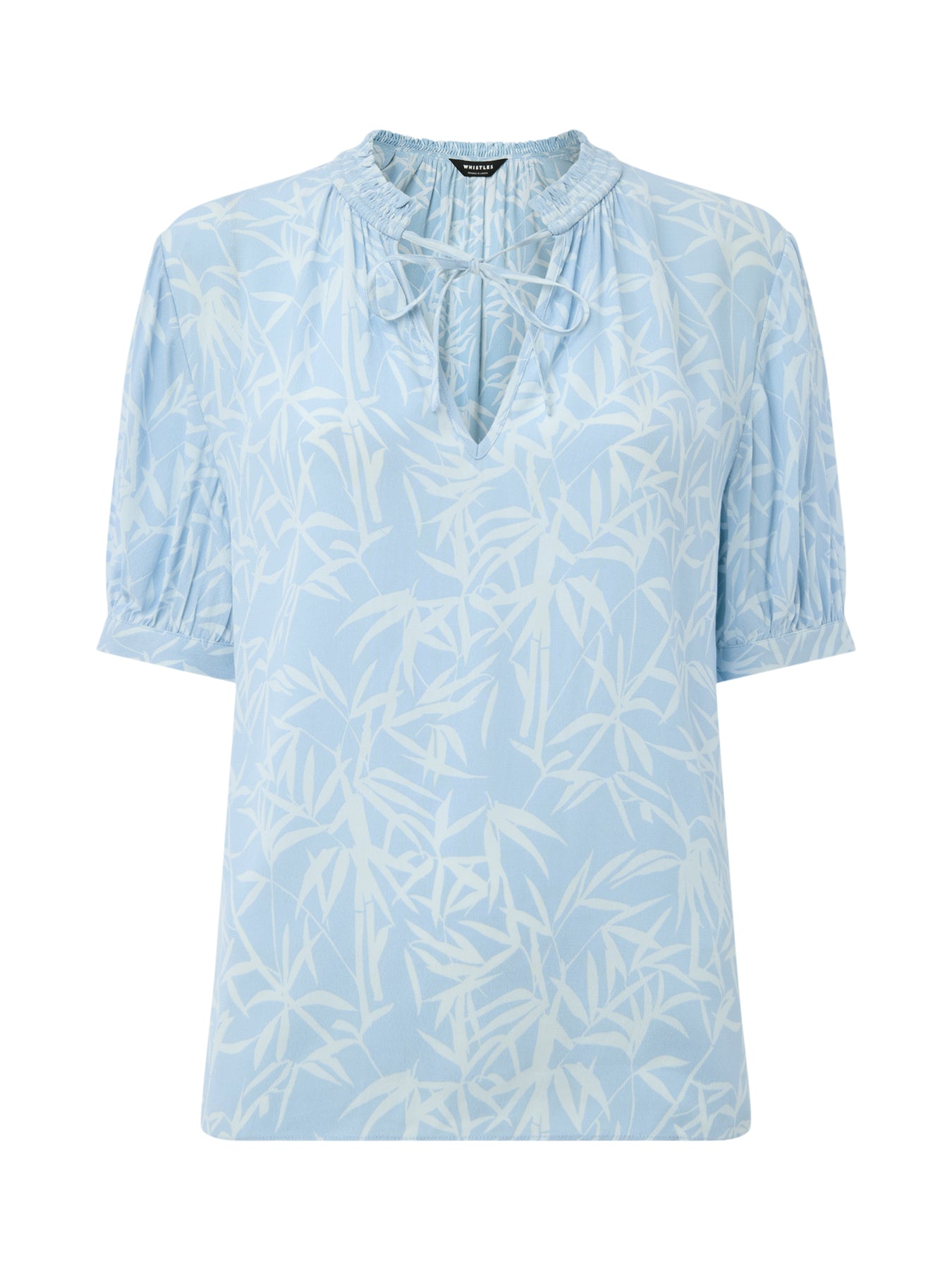 Blue/Multi Bamboo Leaves Tie Neck Blouse