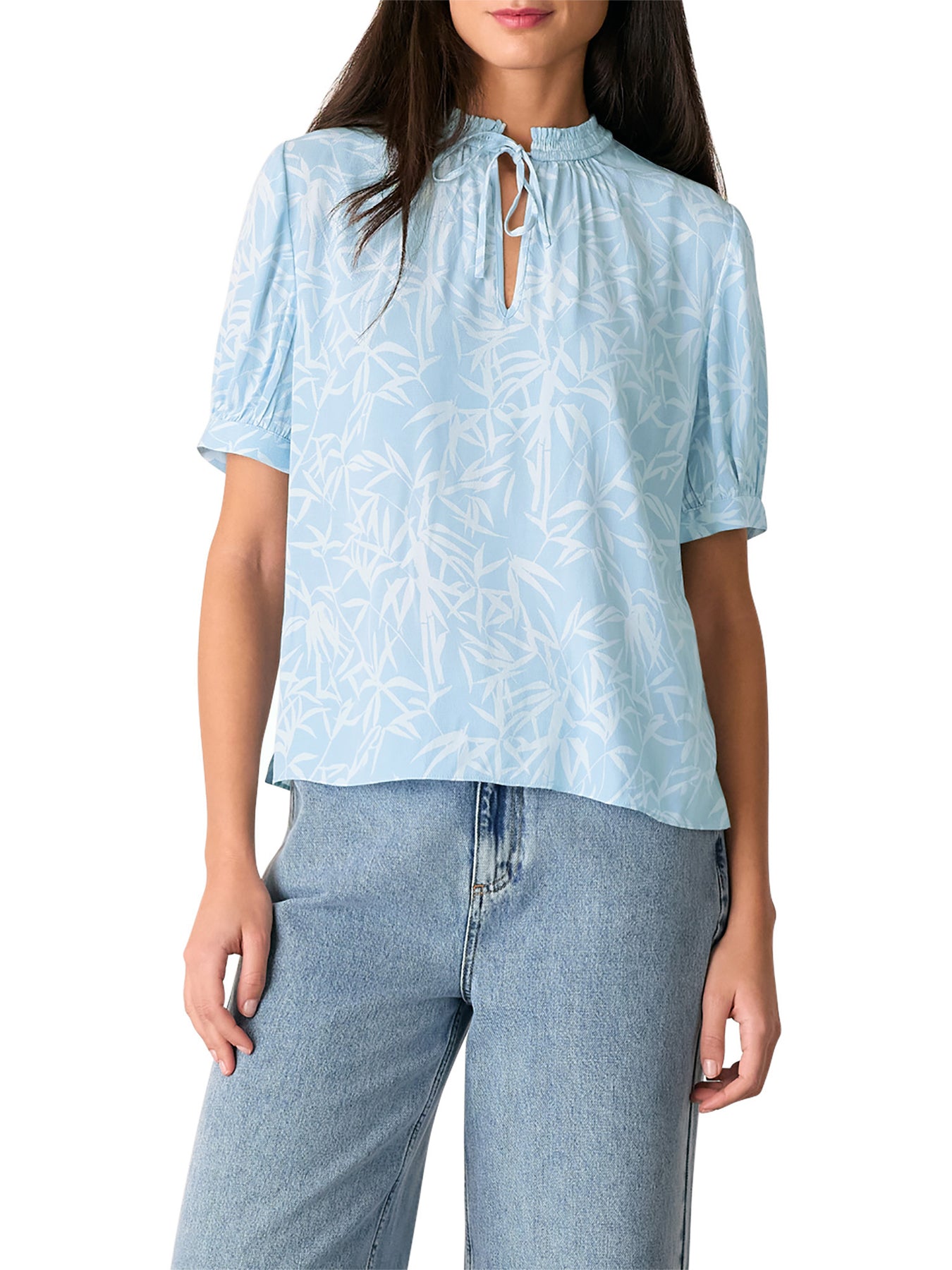 Blue/Multi Bamboo Leaves Tie Neck Blouse
