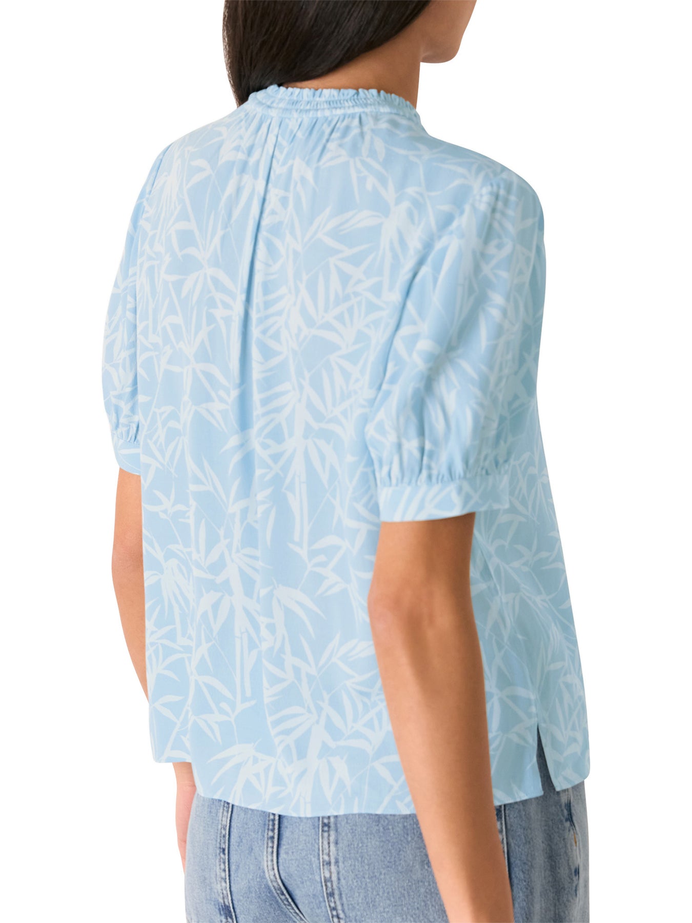 Blue/Multi Bamboo Leaves Tie Neck Blouse