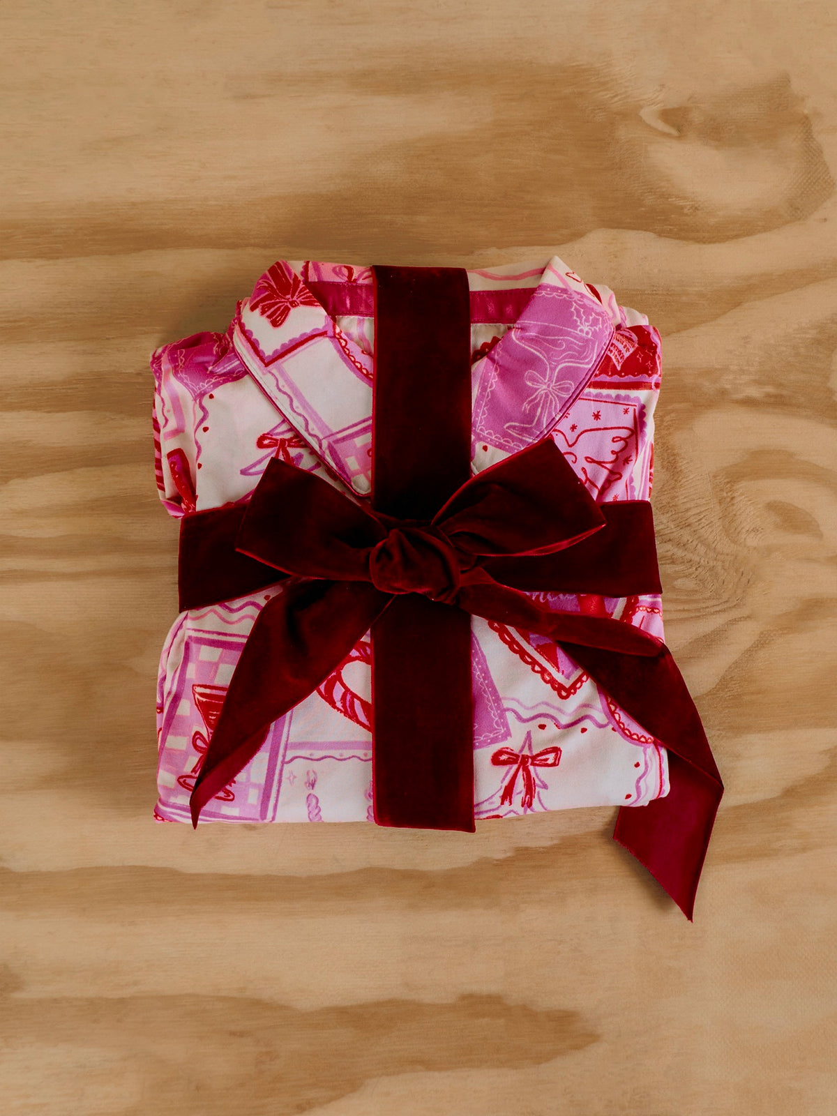 Girly Christmas Stamps Satin Pyjama Set - Pink