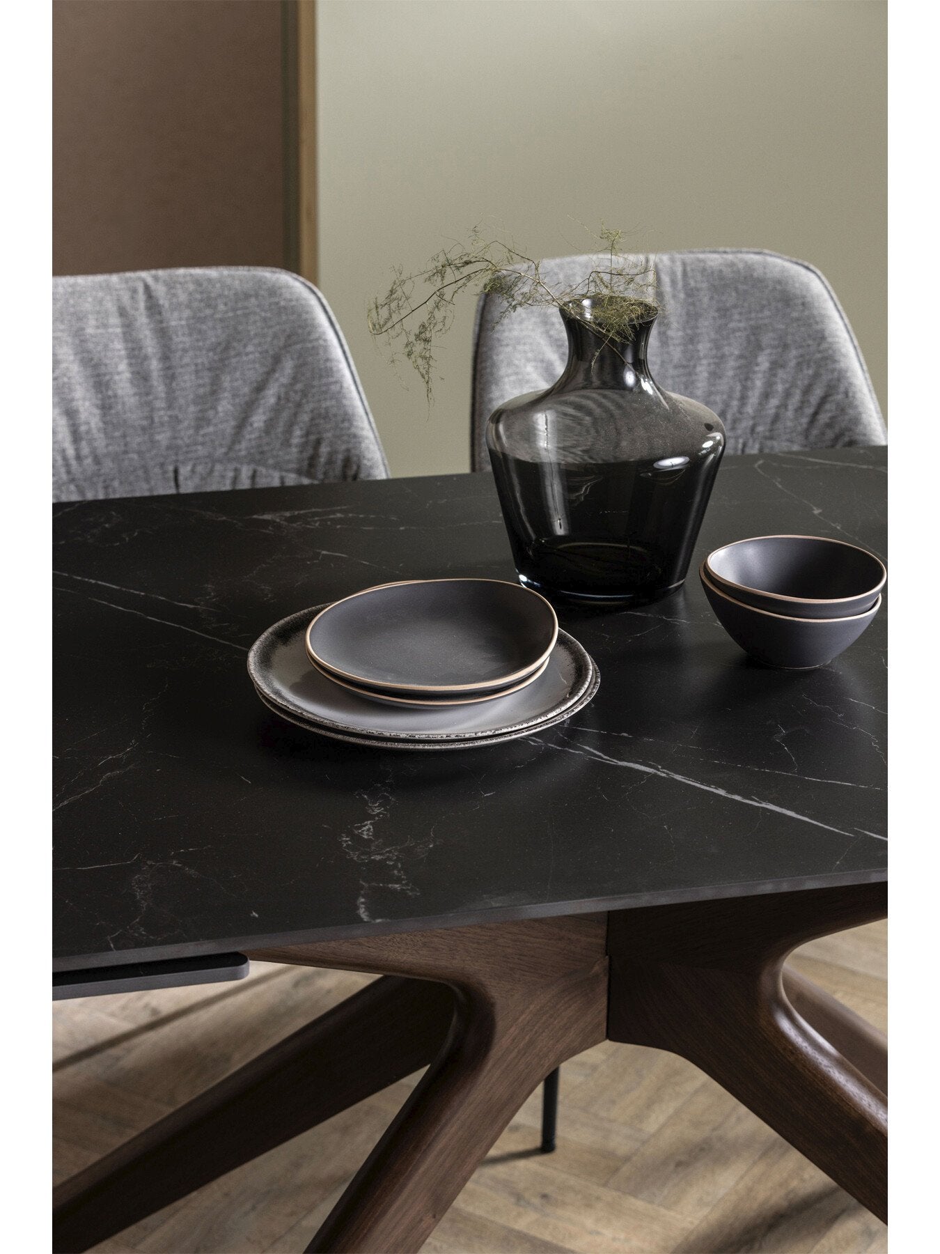 Black Khuno Black Ceramic Extending 160cm Dining Table, Seat