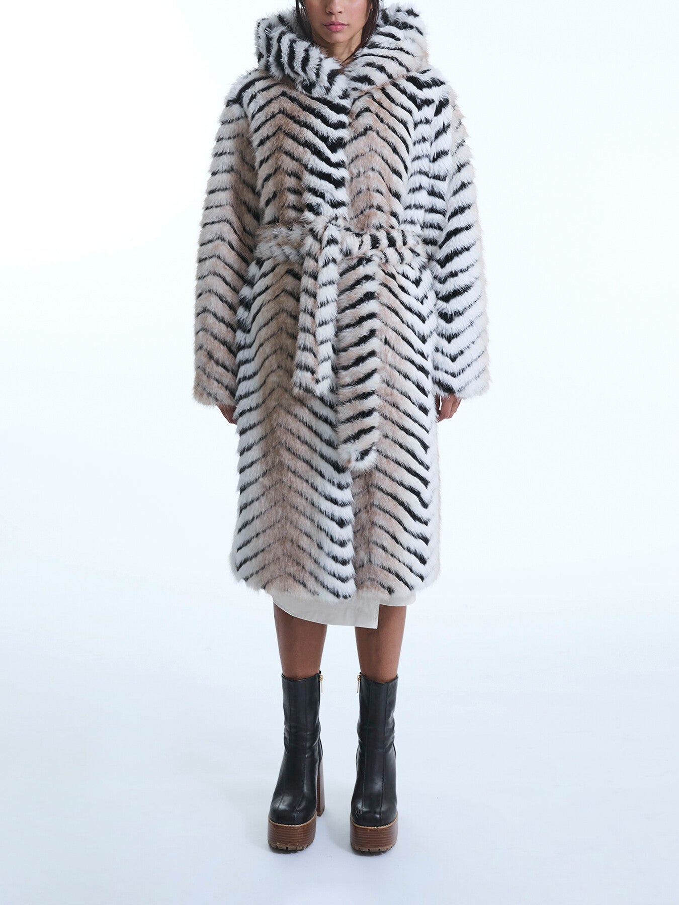 Faux Fox Belted Long Coat