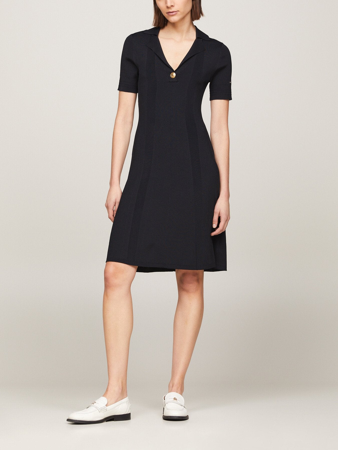 Ribbed Polo Fit And Flare Sweater Dress