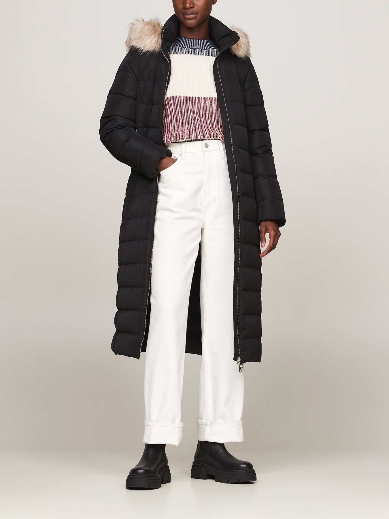 Down Fur-Trim Hooded Maxi Coat