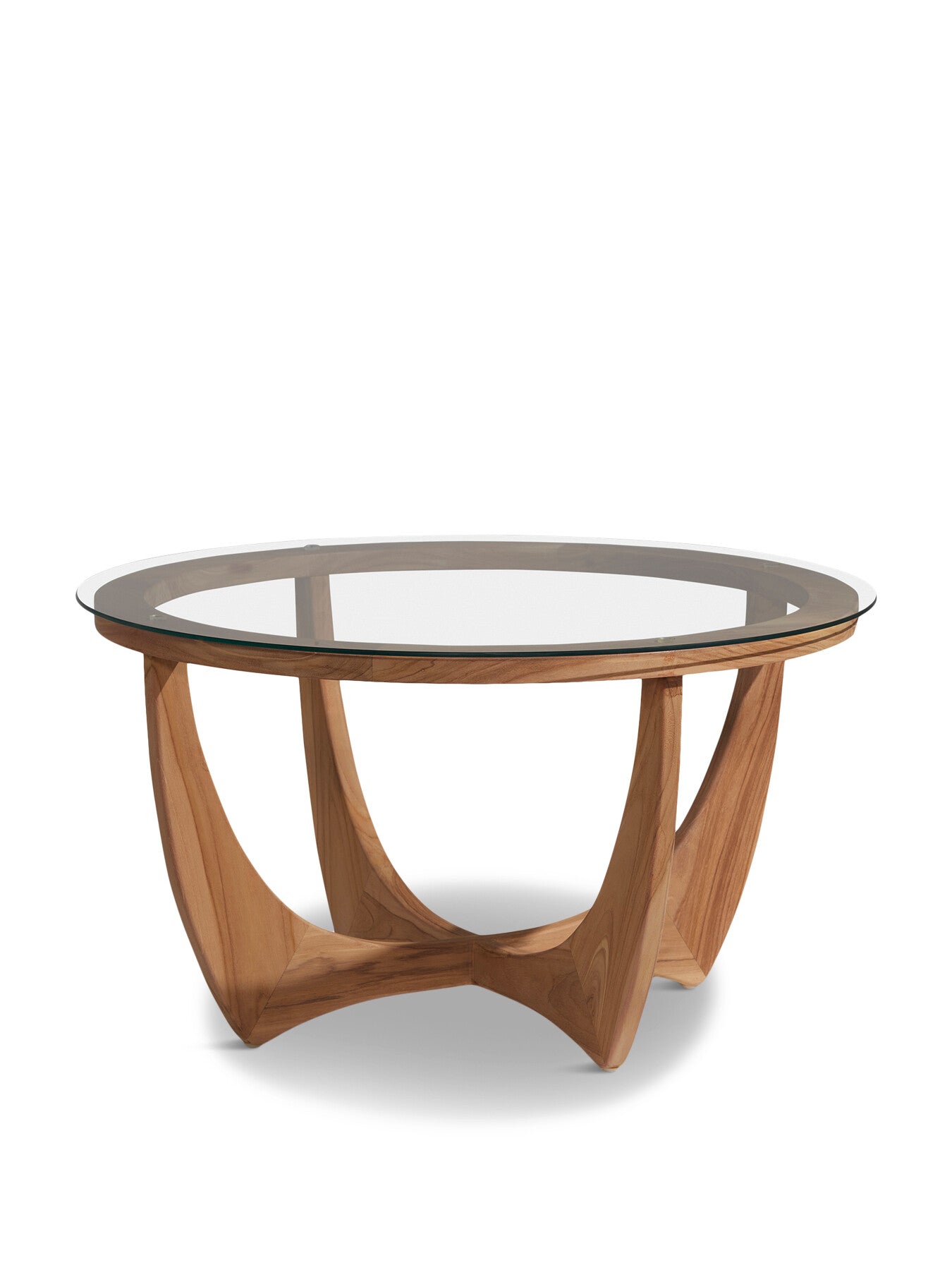 Yves Round Brown Teak Wood and Glass Coffee Table