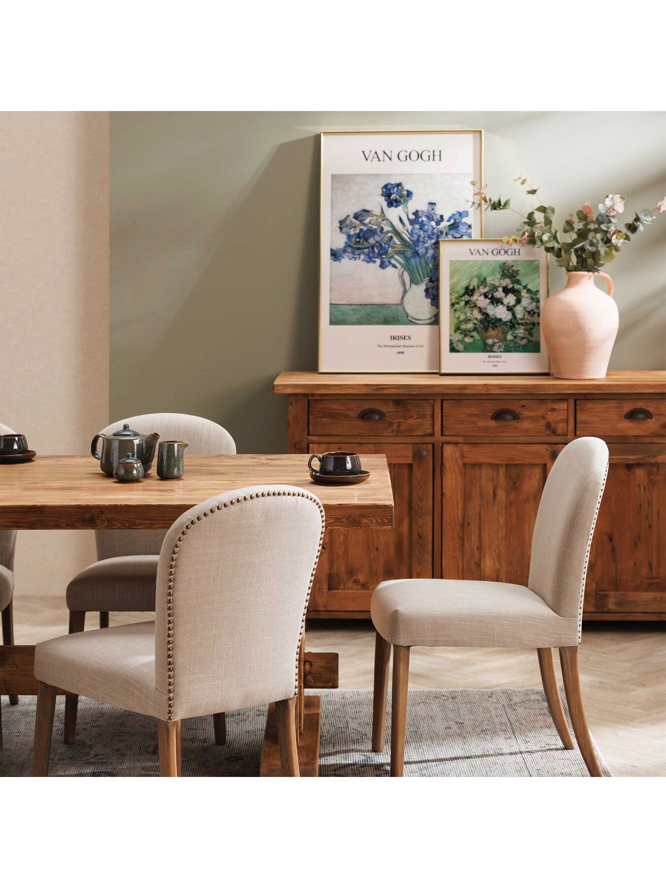 Maurice Beige Fabric Dining Chair With Brass Studs