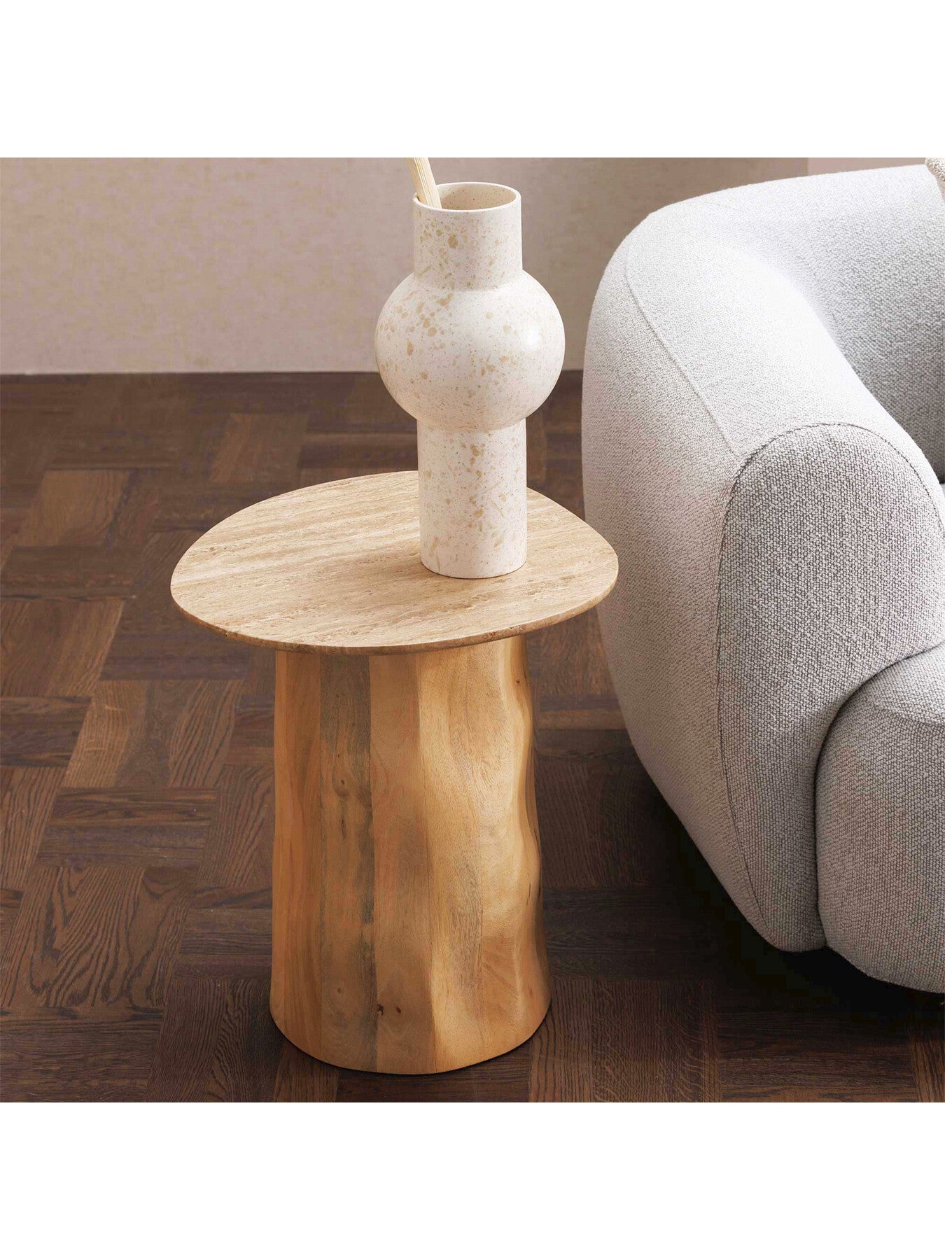 Brown Rodin Neutral Mango Wood and Travertine Side Table, 45