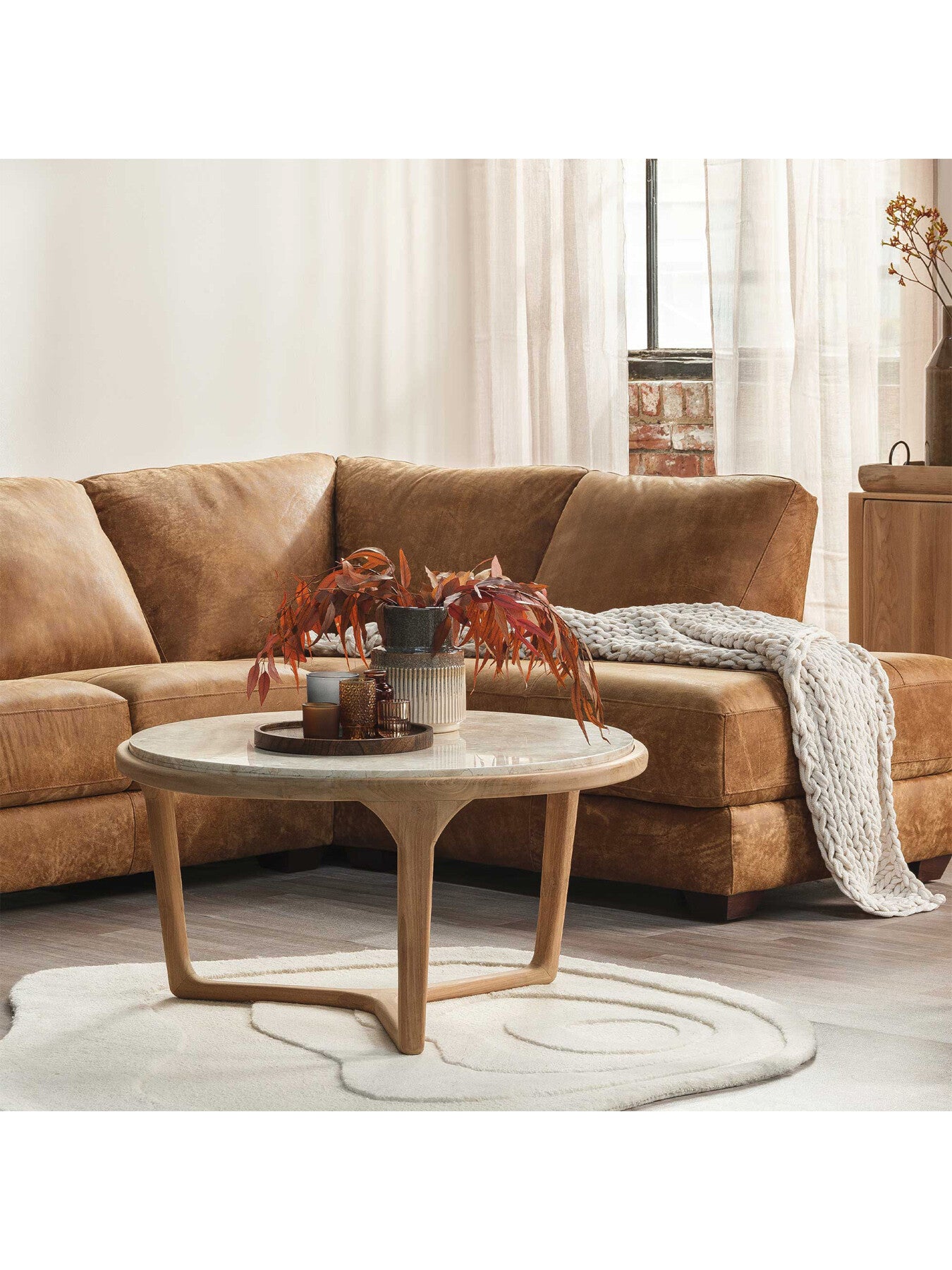 Terza Round Teak and Marble Coffee Table