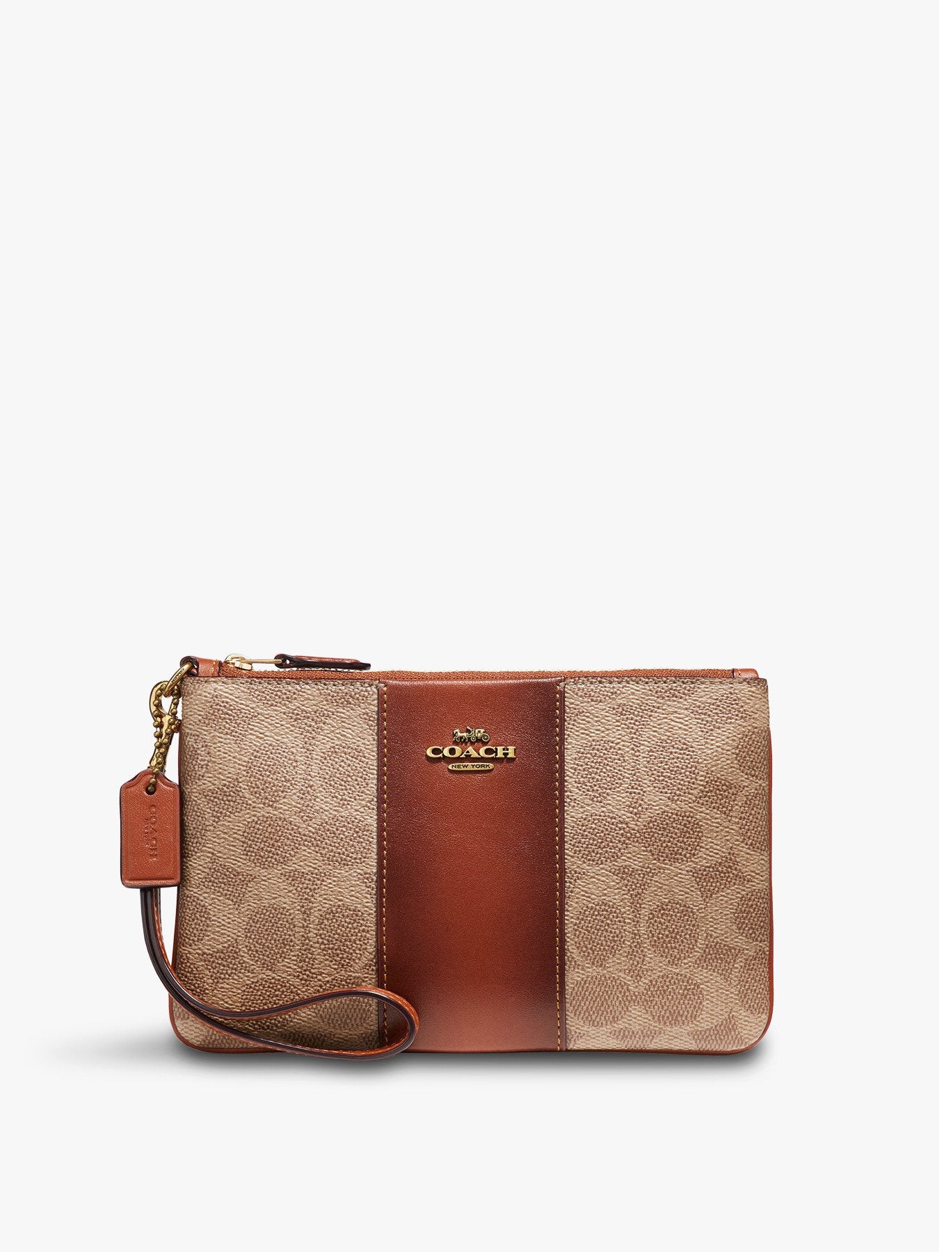 Small Wristlet In Colorblock Signature Canvas Tan Rust