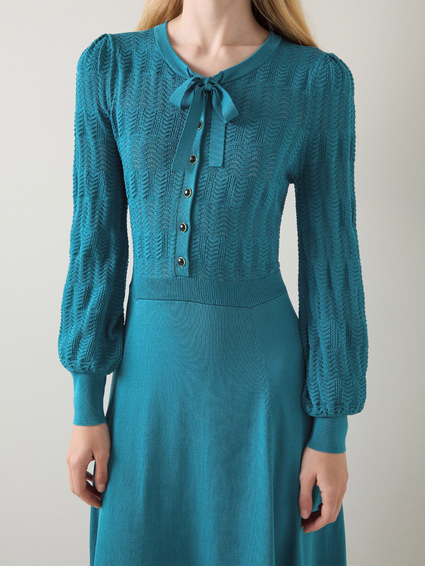 Susannah  Dark Teal Tie Neck Pointelle Fit And Flare D