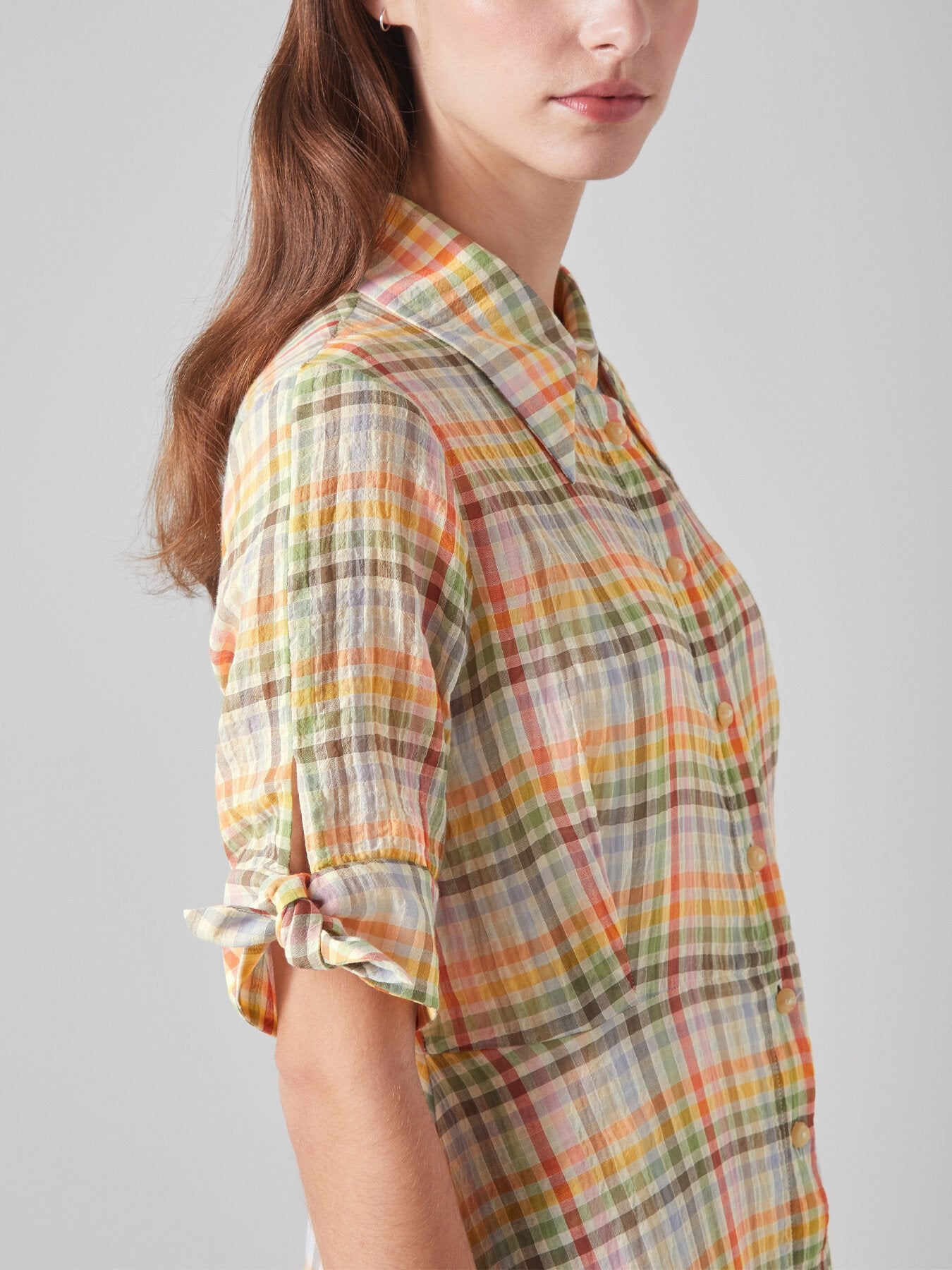Saffron Gingham Seersucker Cotton Shirt Dress