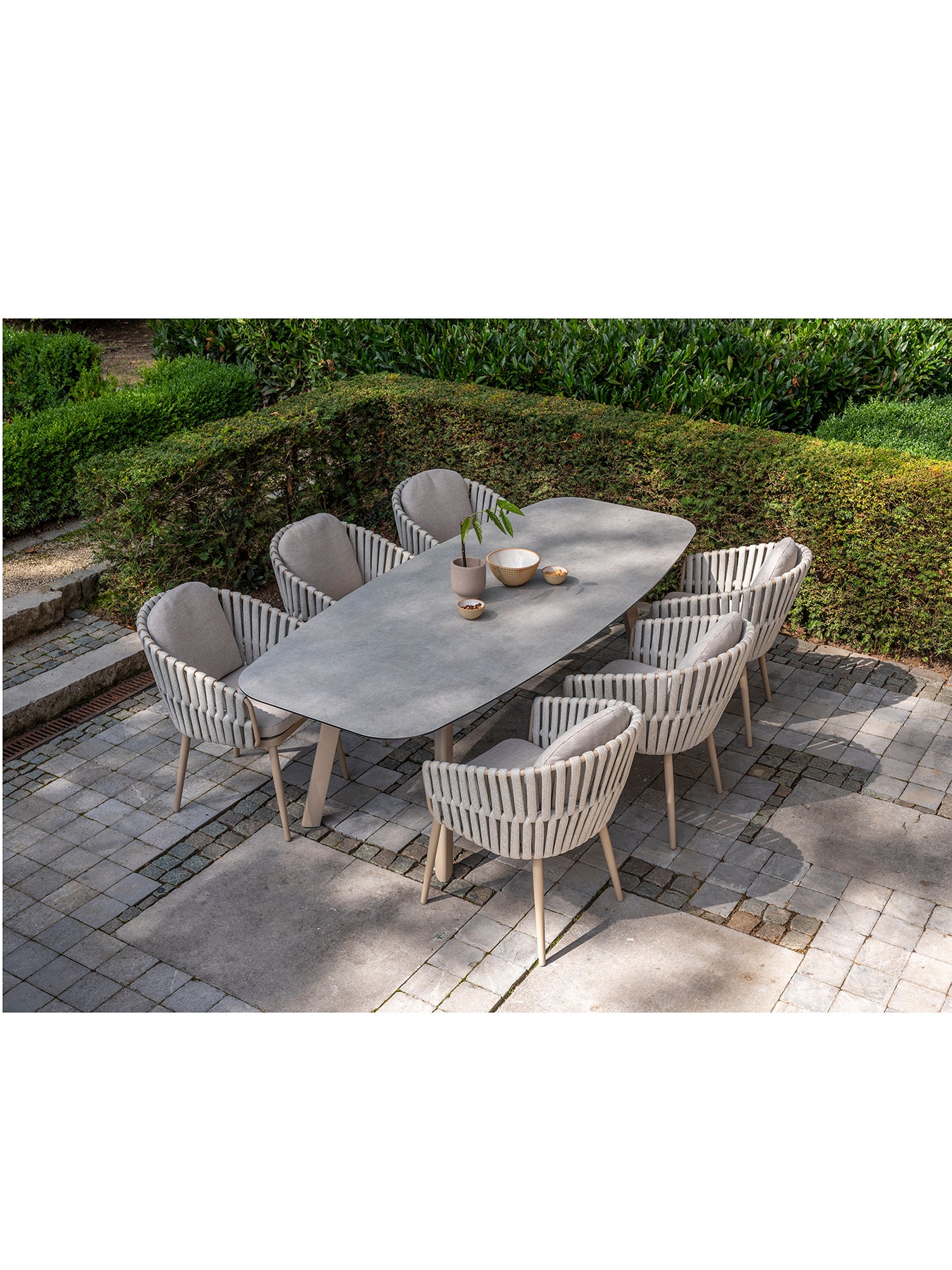 Eva 6-Seat Outdoor Dining Set with Manolo 180cm Barrel Ceramic Table