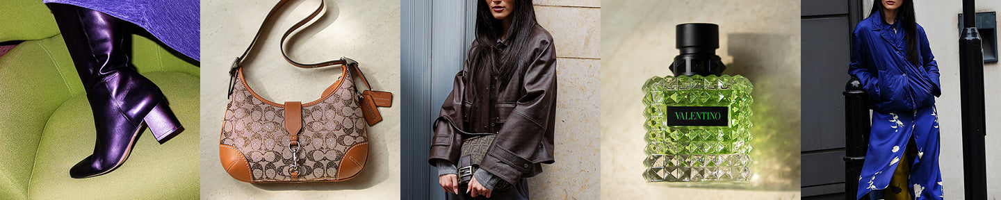 Collage of fashion and lifestyle images including shoes, handbag, person in hoodie, perfume bottle, and outfit.