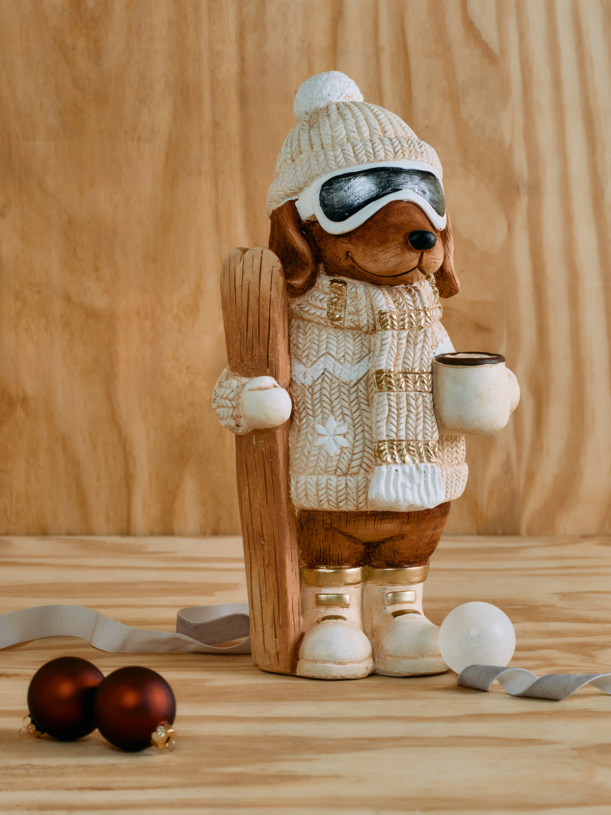 Standing Dog With Skis Christmas Decoration Cream