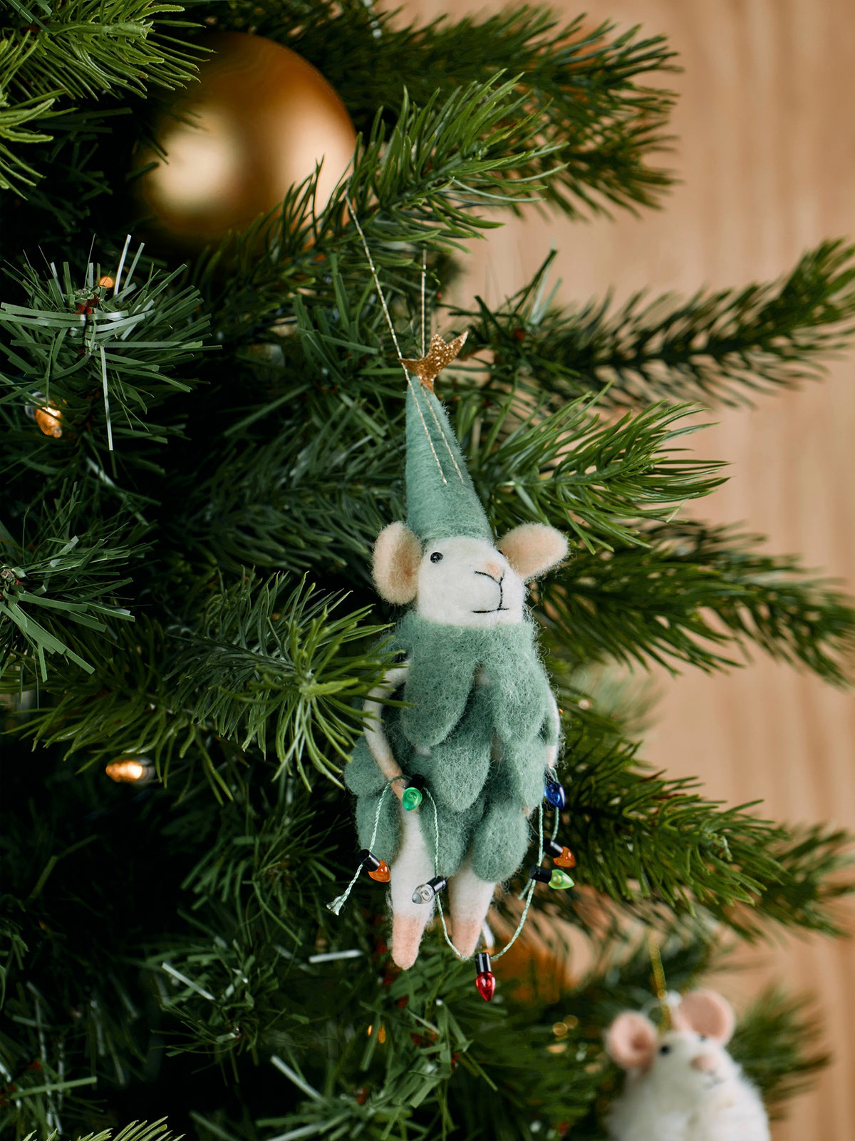 Felt Mouse In Tree Hanging Decoration 17cm - Sage