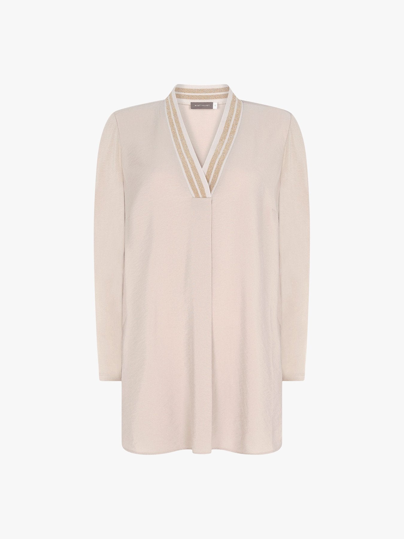 Beige Metallic V-Neck Top