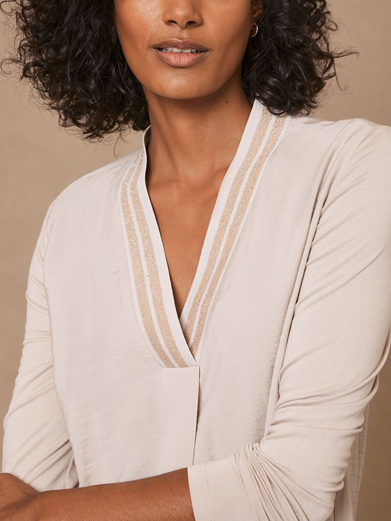 Beige Metallic V-Neck Top