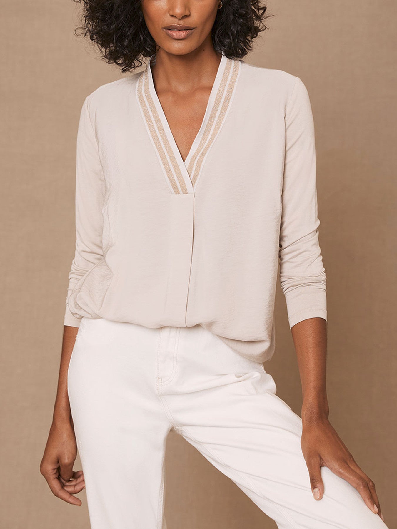 Beige Metallic V-Neck Top