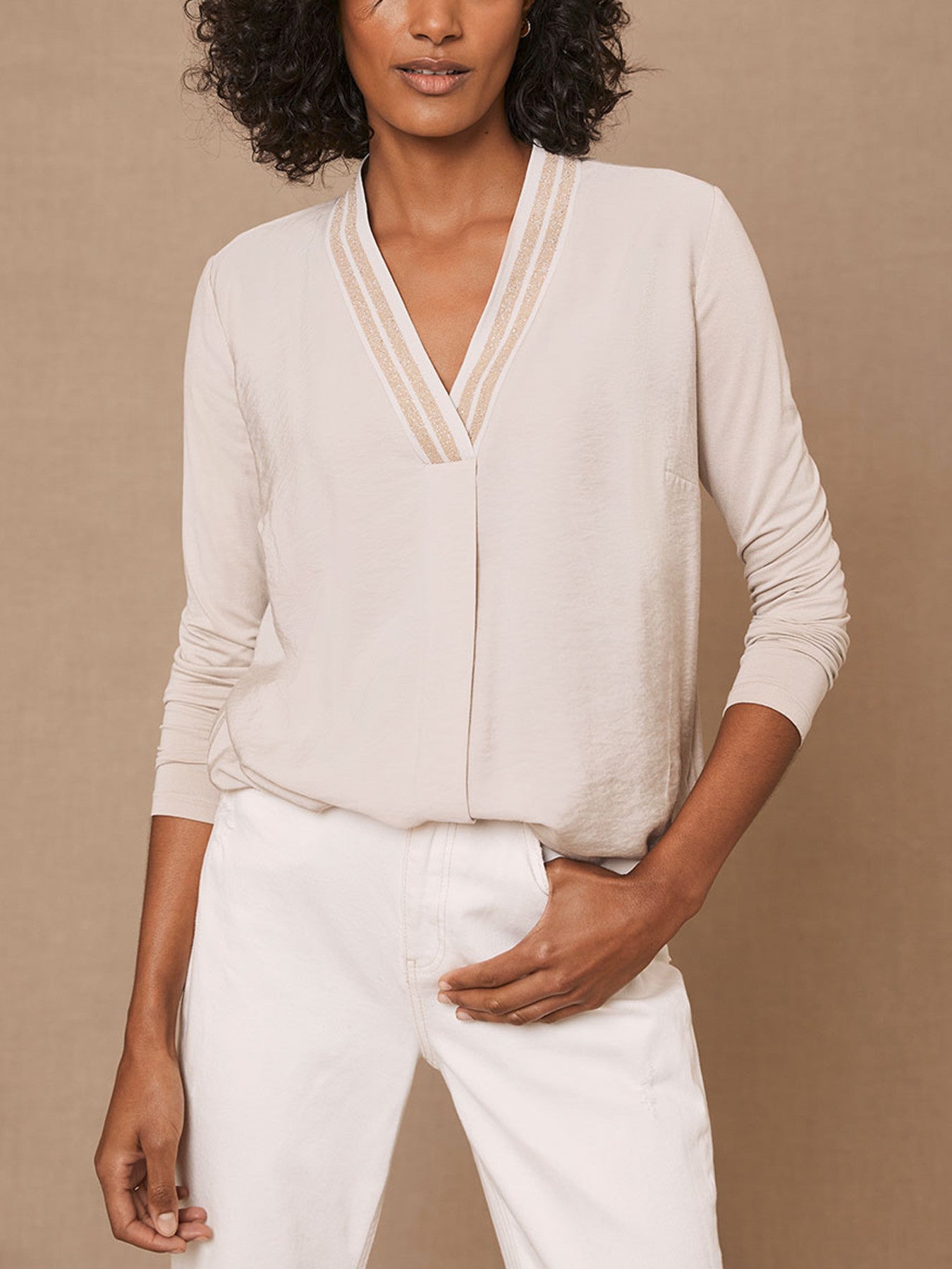 Beige Metallic V-Neck Top