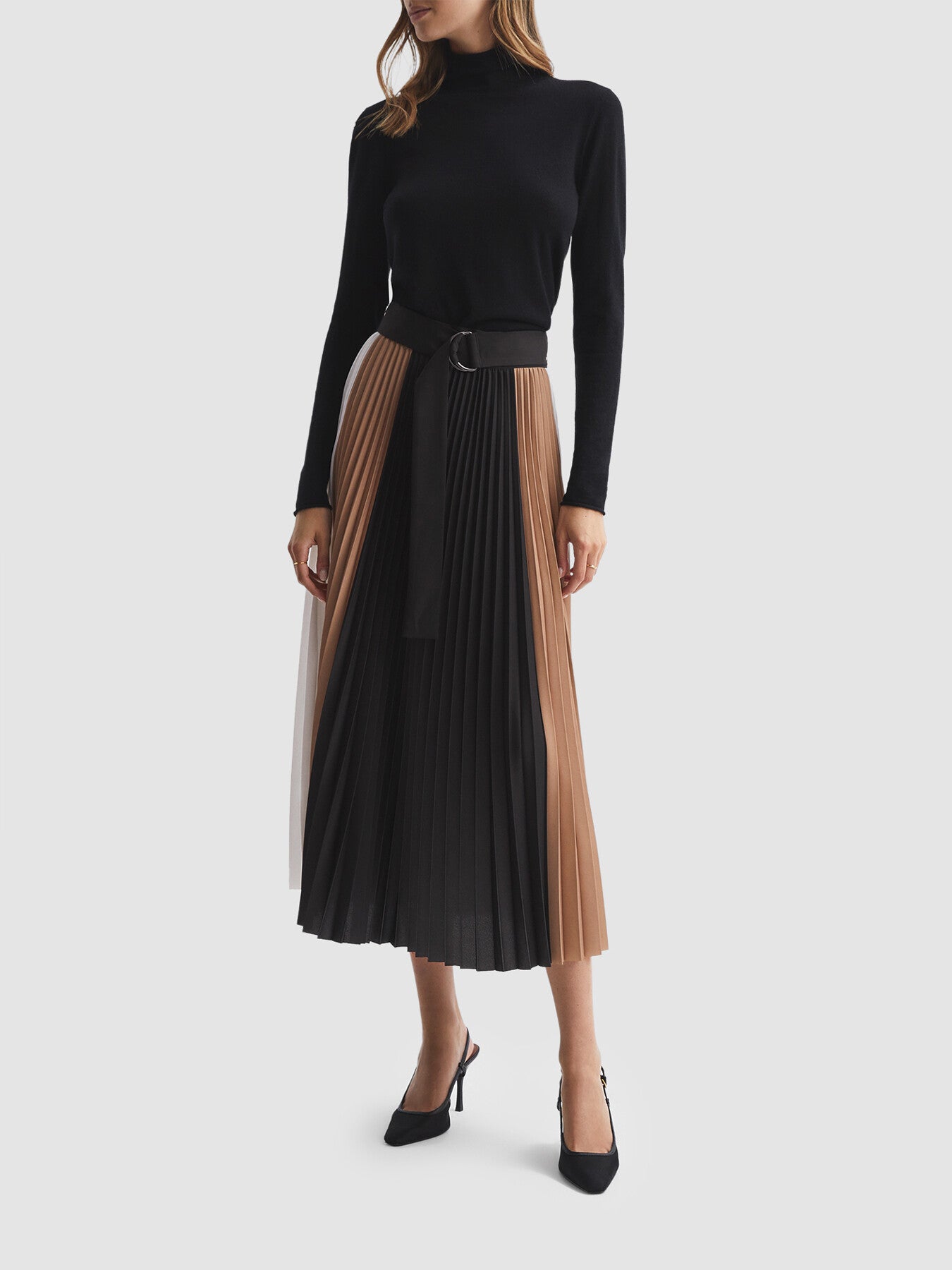 Ava High Rise Pleated Midi Skirt