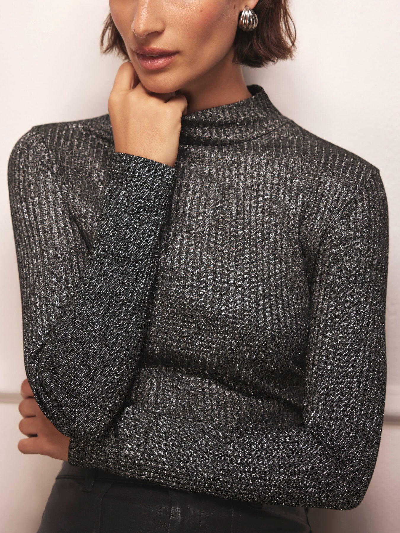 Silver Metallic Ribbed Polo Top