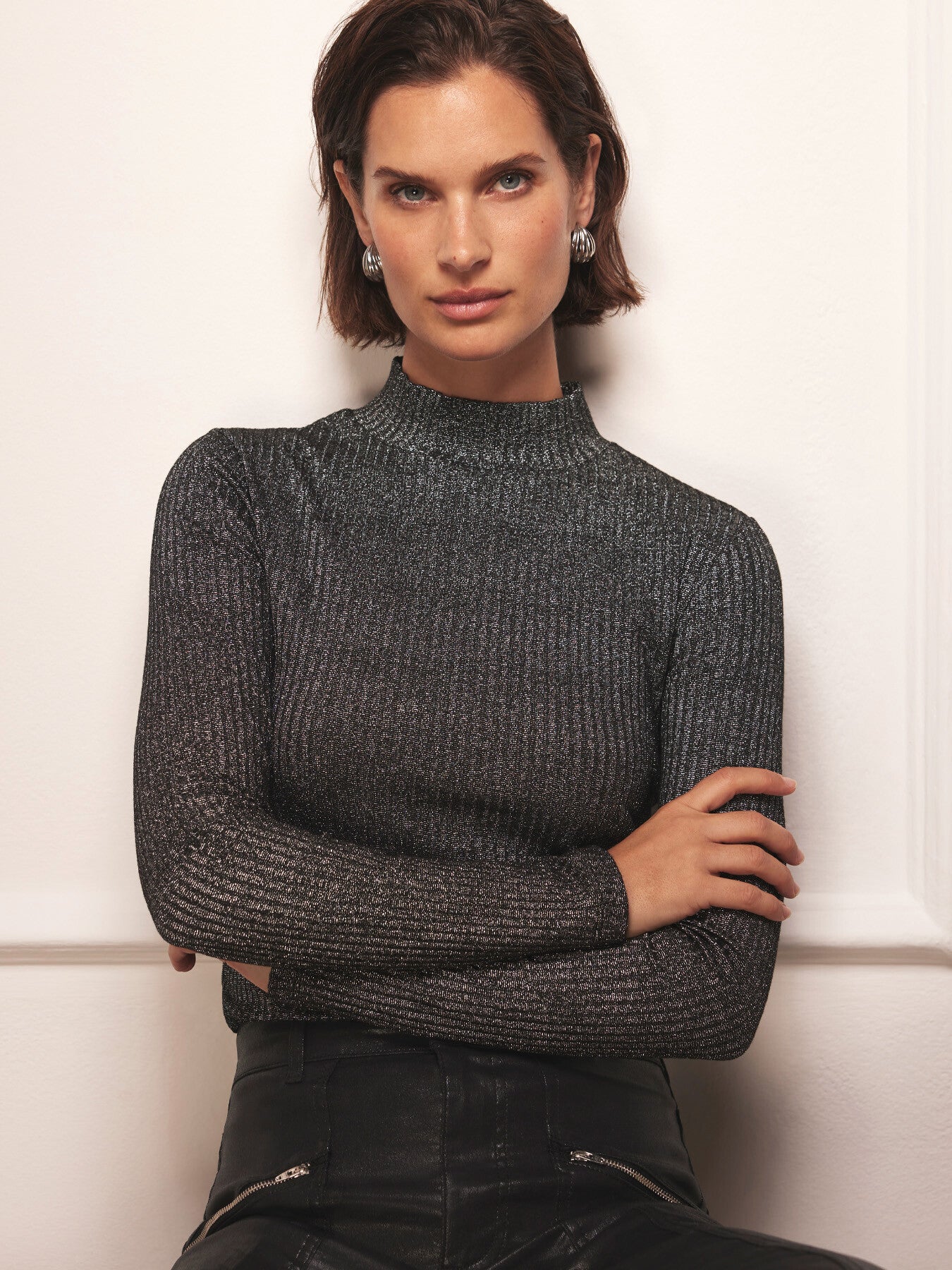 Silver Metallic Ribbed Polo Top