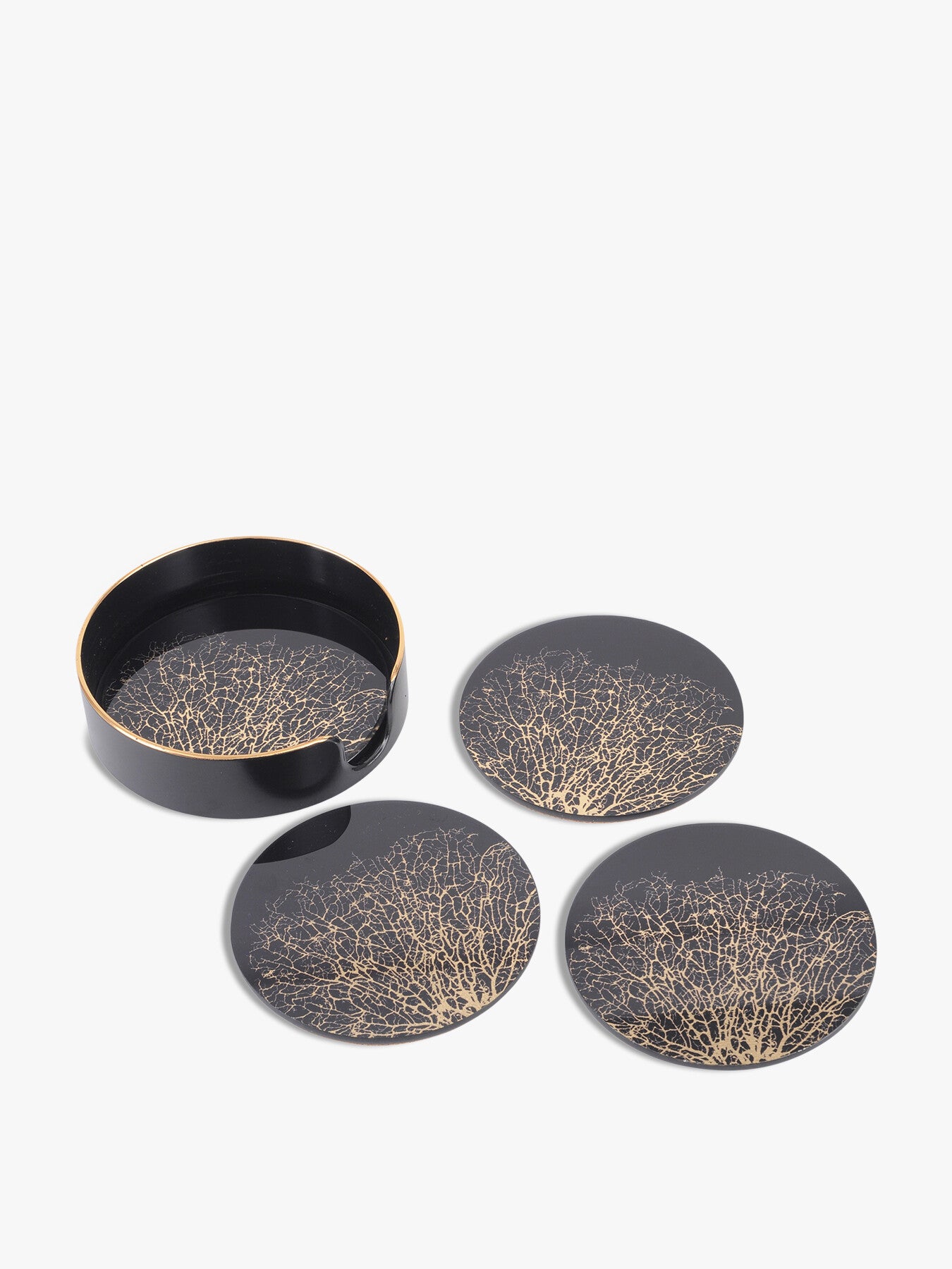 Set Of 4 Coral Design Black And Gold Coasters