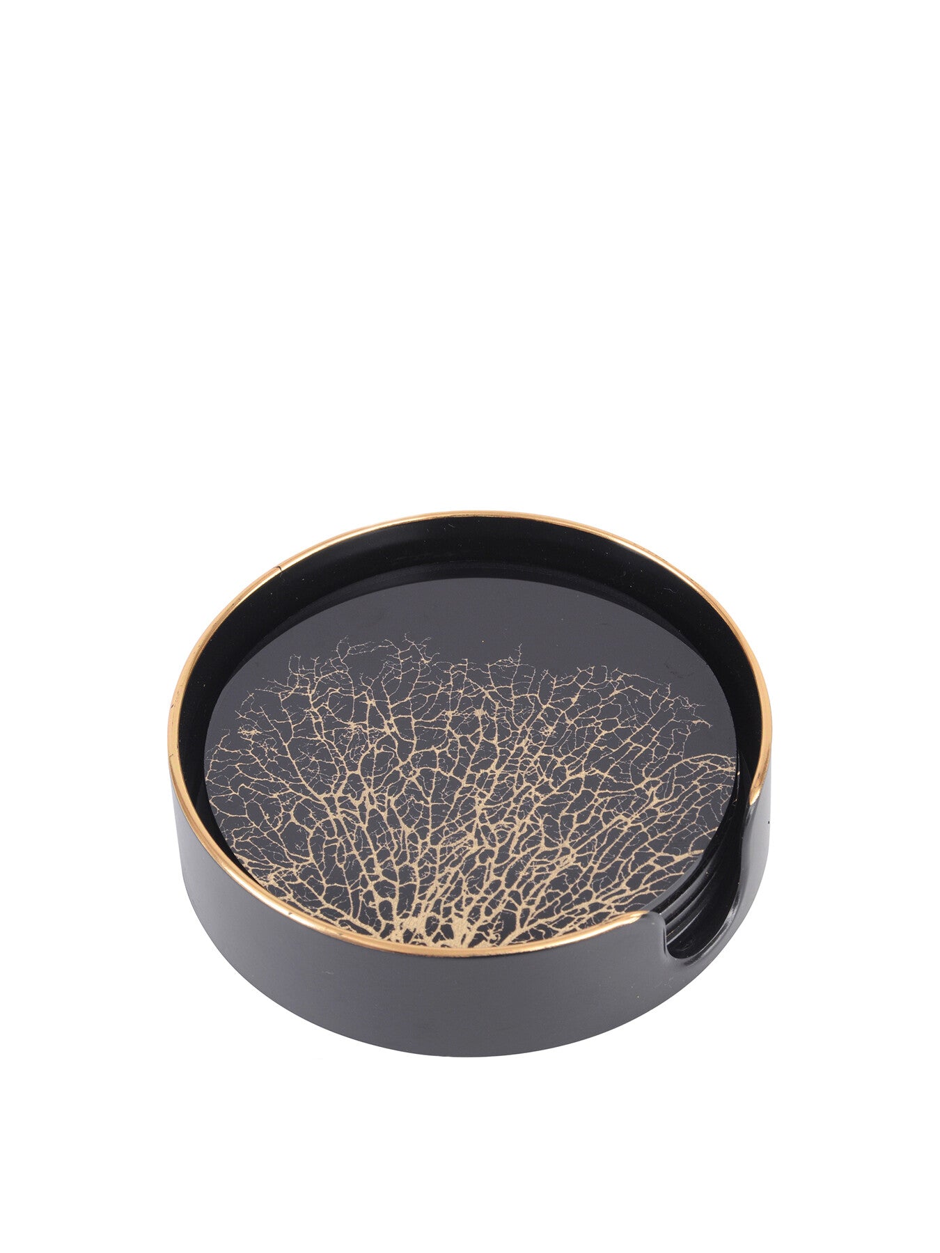 Set Of 4 Coral Design Black And Gold Coasters