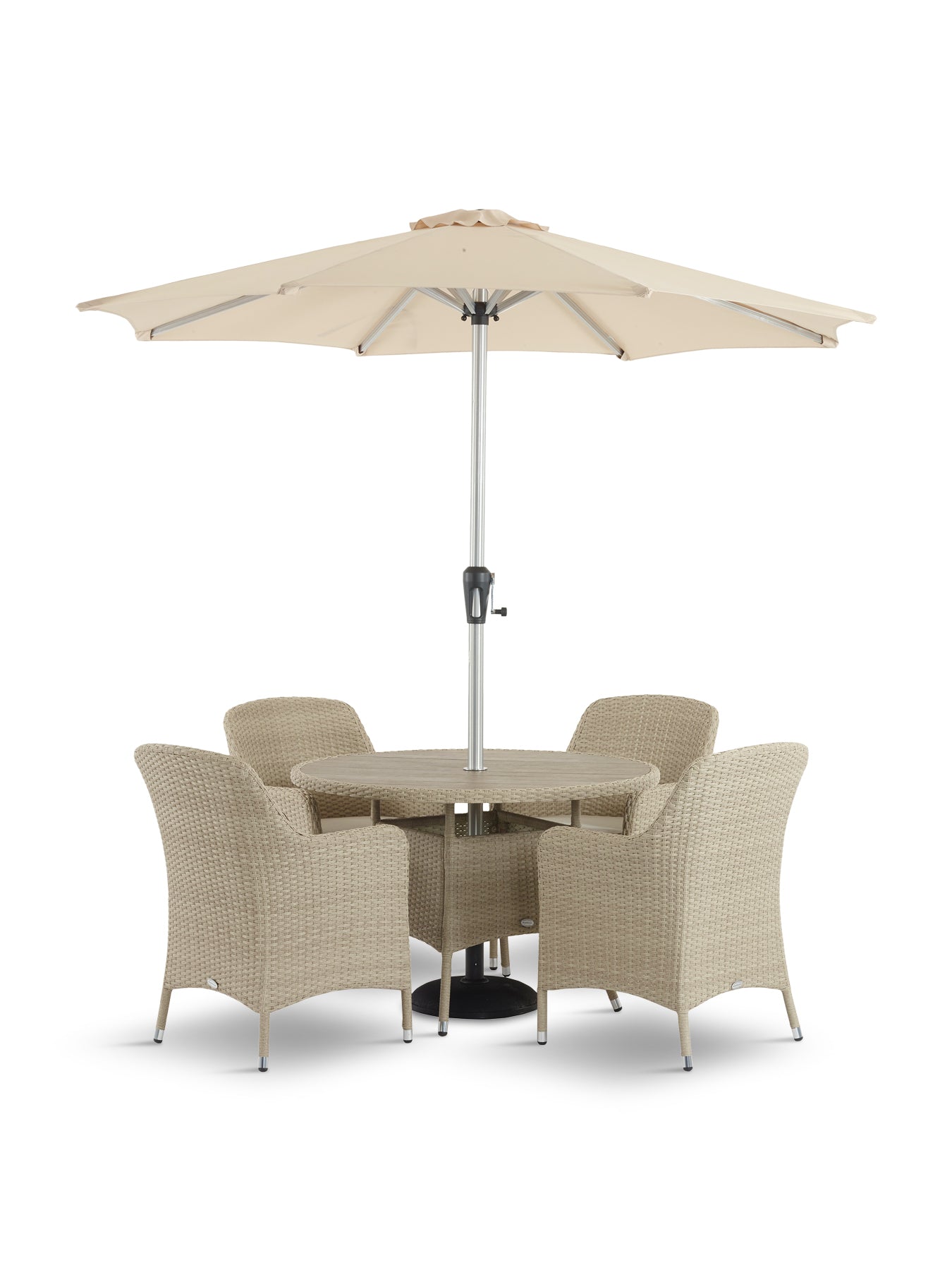 Tetbury Rattan 4-Seat Round Dining Set with Tree-Free Top Parasol & Base
