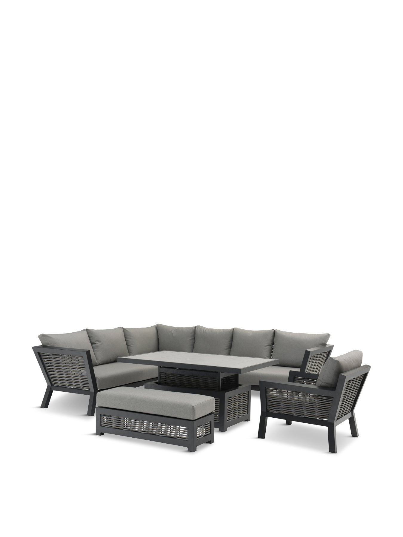 Tuscan Wicker L-Shape Sofa with Rectangle Piston Adjustable Height Table Bench & Chair