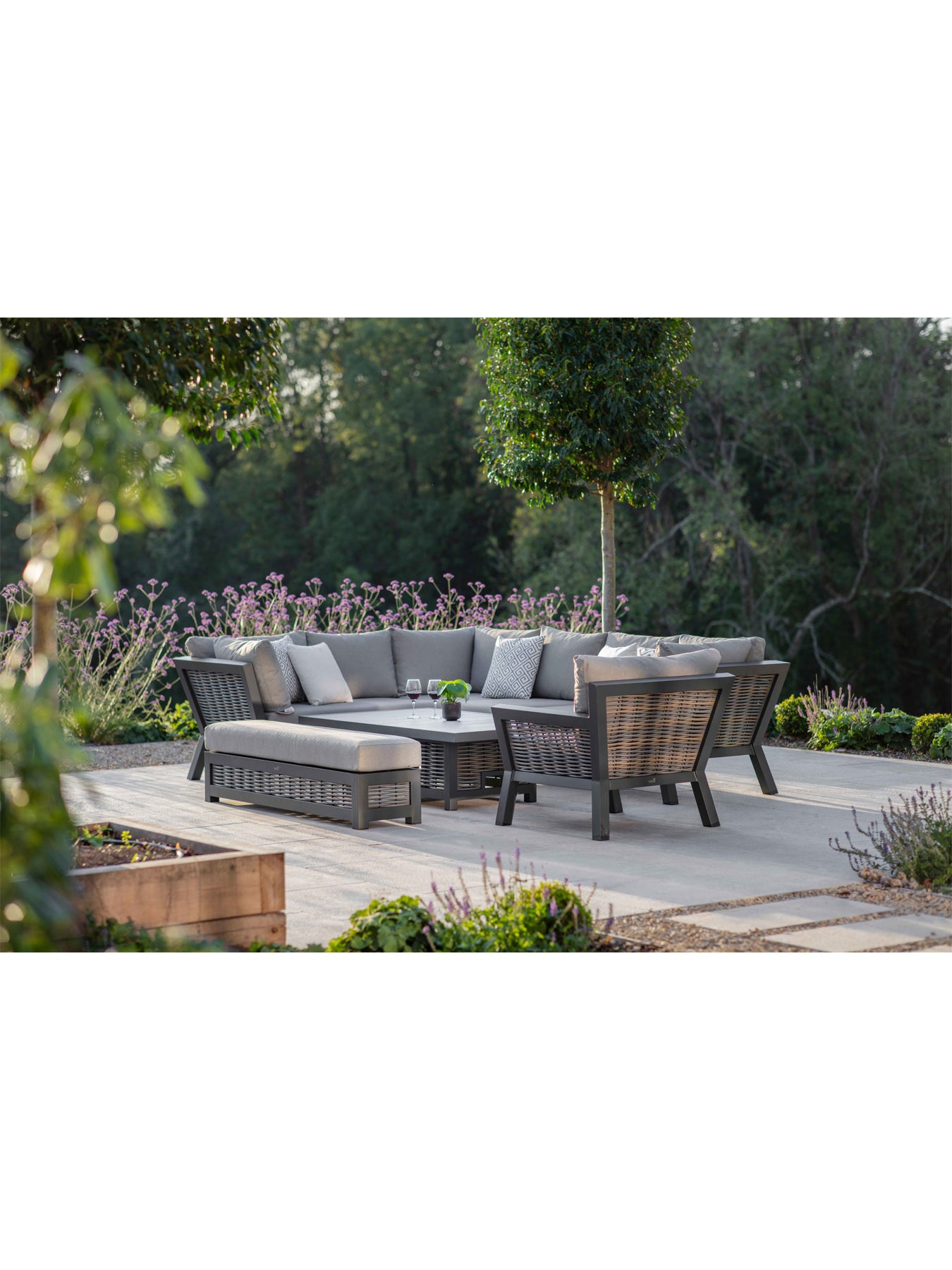 Tuscan Wicker L-Shape Sofa with Rectangle Piston Adjustable Height Table Bench & Chair