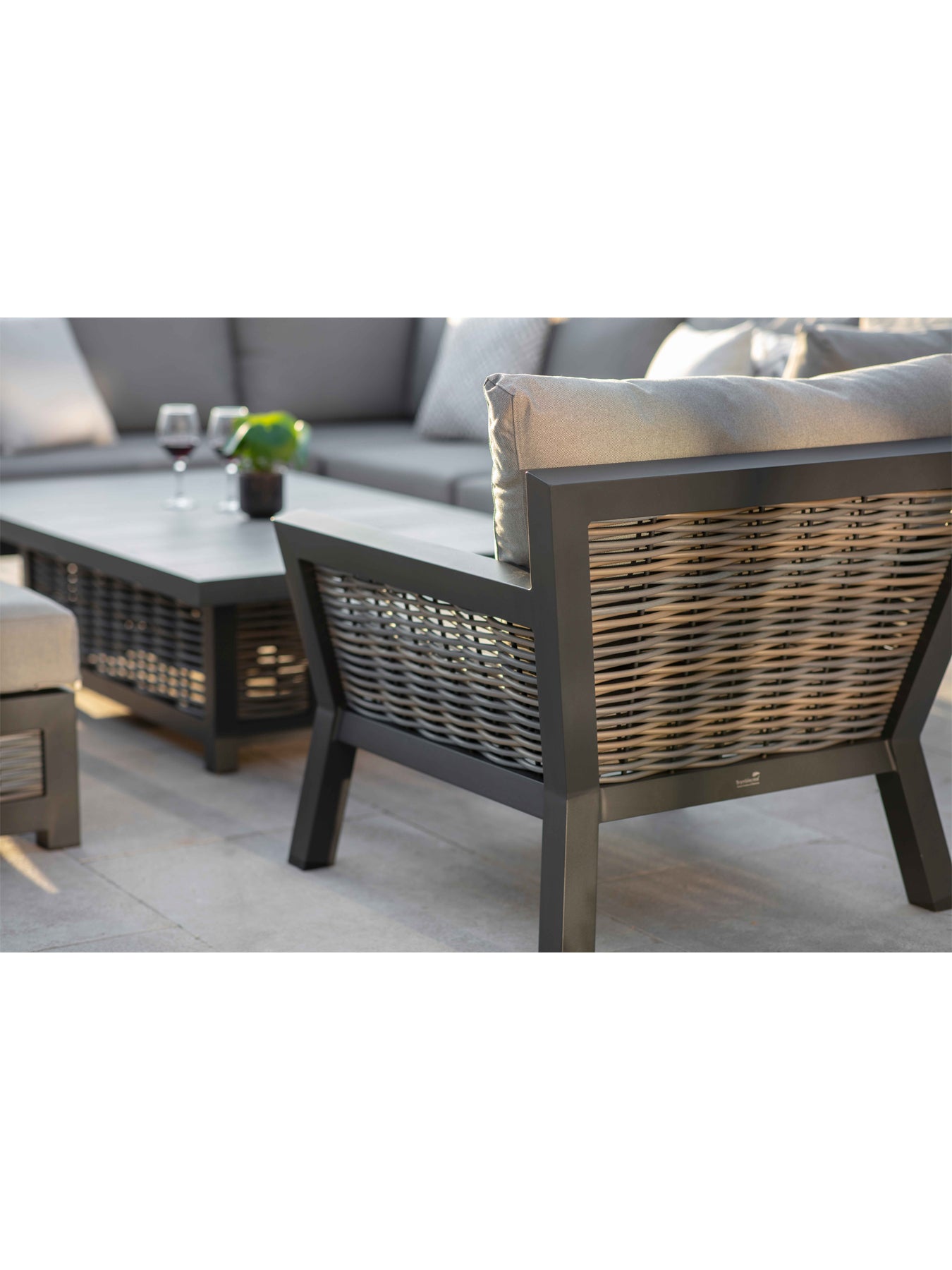 Tuscan Wicker L-Shape Sofa with Rectangle Piston Adjustable Height Table Bench & Chair