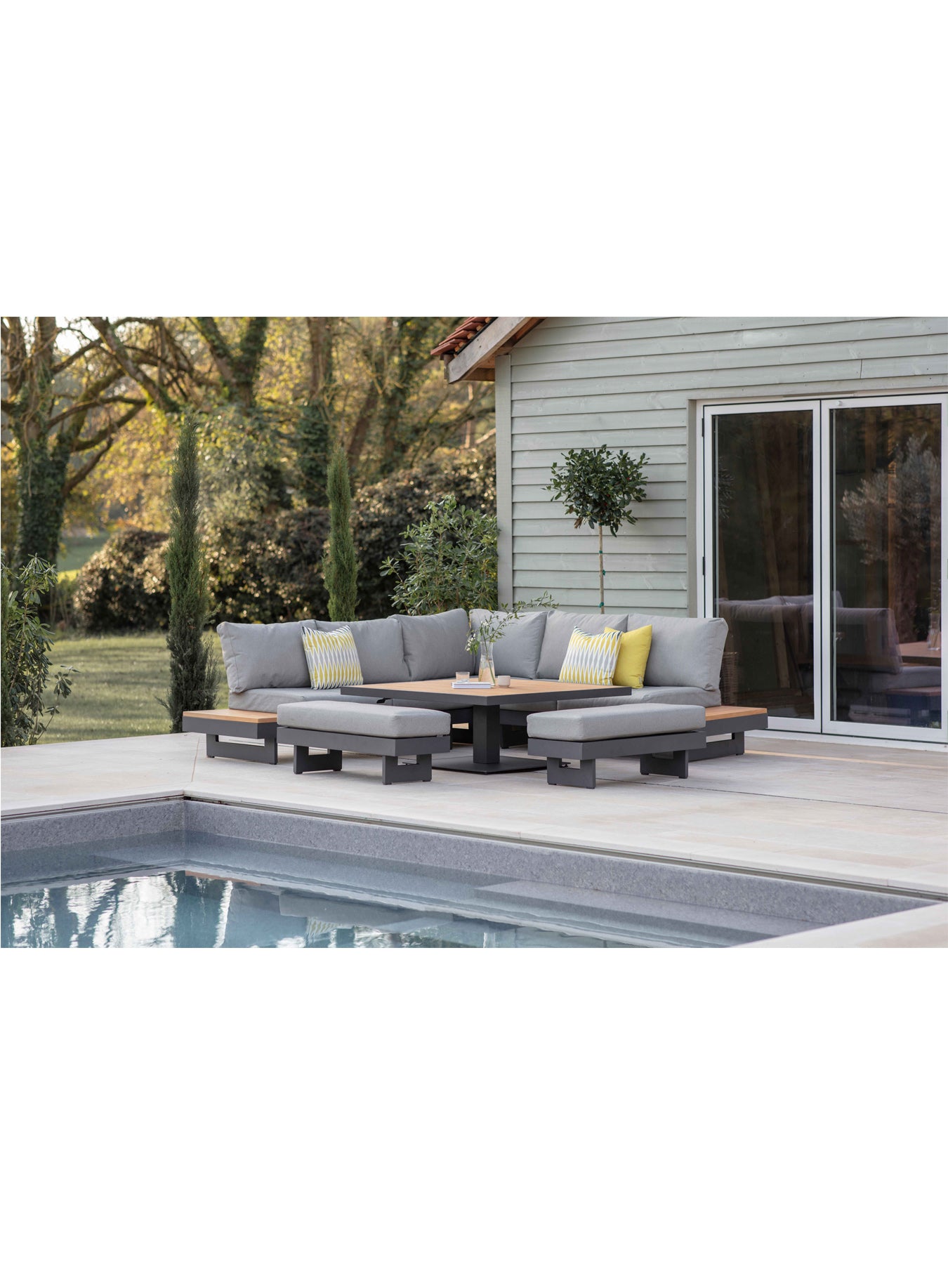 Vilamoura Corner Sofa with Square Piston Adjustable Table & 2 Benches