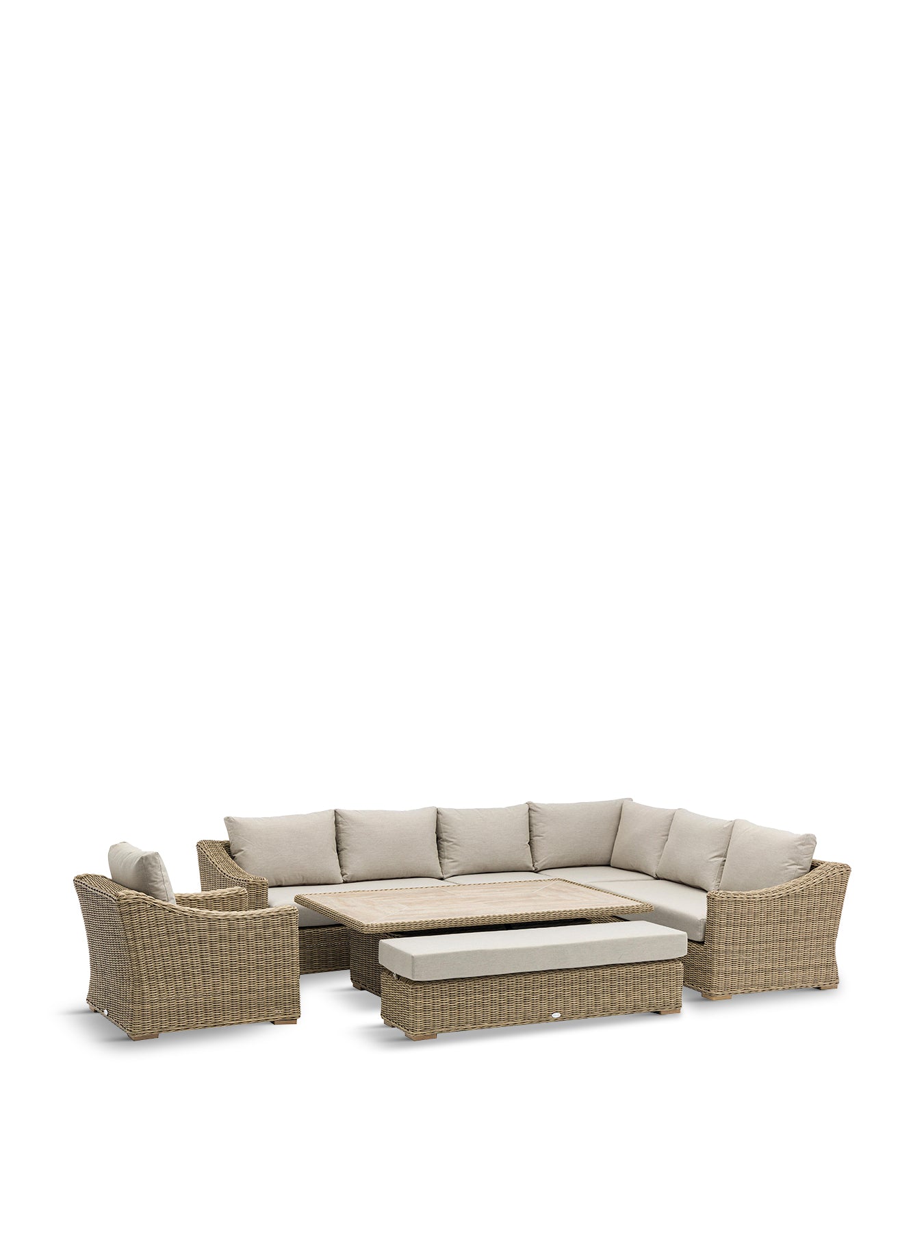 Fairford Rattan L-Shape Sofa with Rectangle Piston Adjustable Height Table Bench & Chair