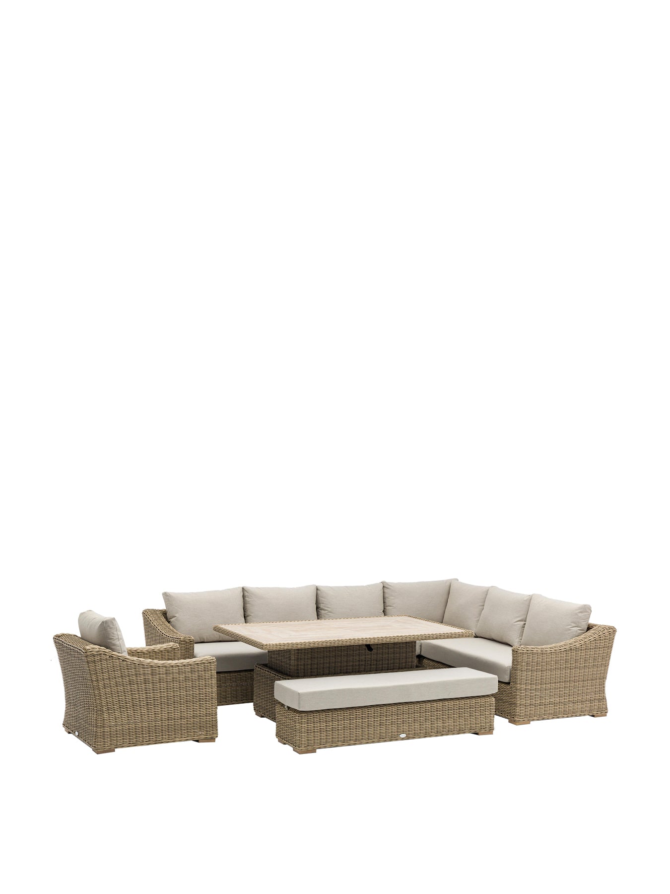 Fairford Rattan L-Shape Sofa with Rectangle Piston Adjustable Height Table Bench & Chair