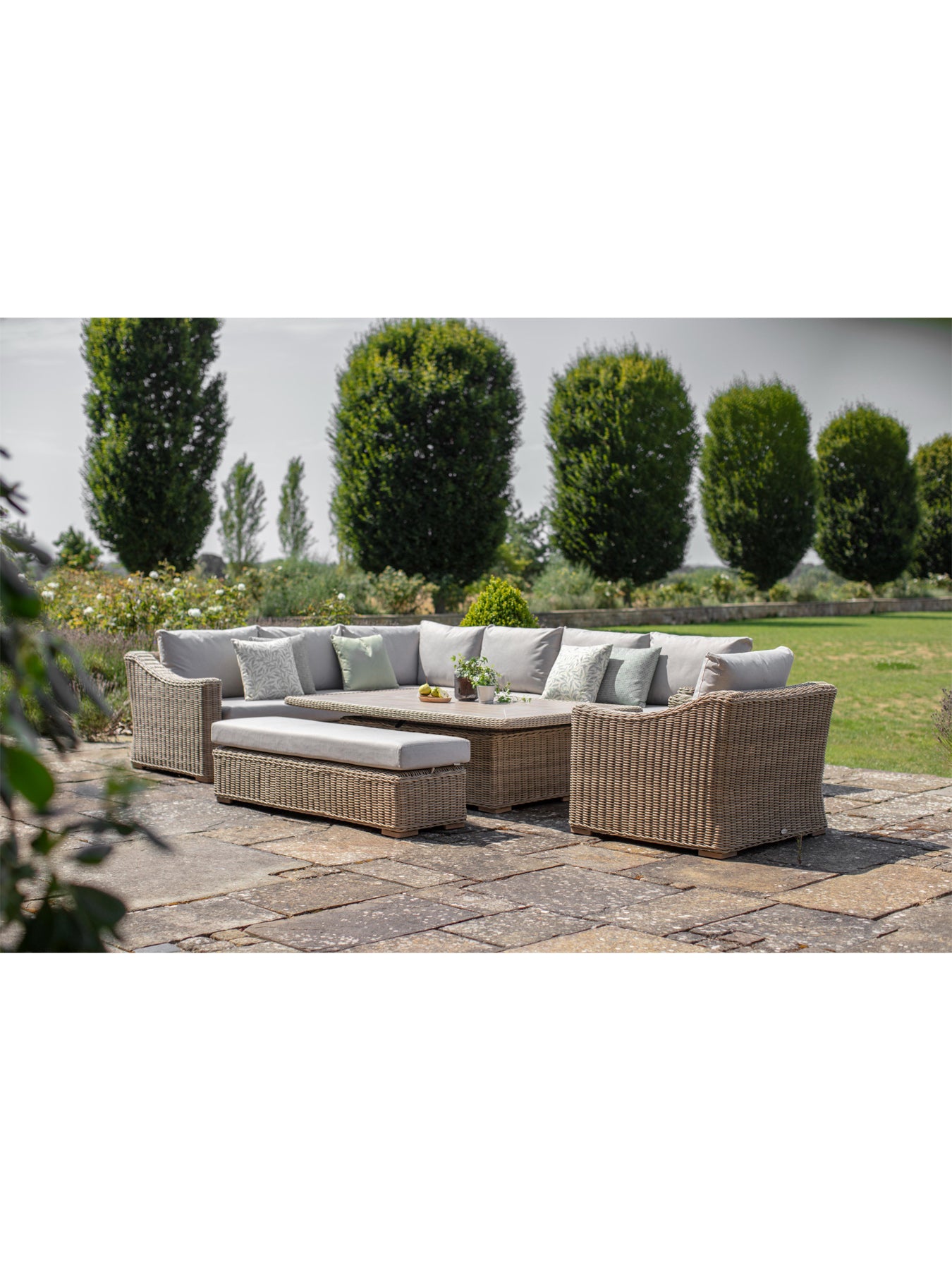 Fairford Rattan L-Shape Sofa with Rectangle Piston Adjustable Height Table Bench & Chair